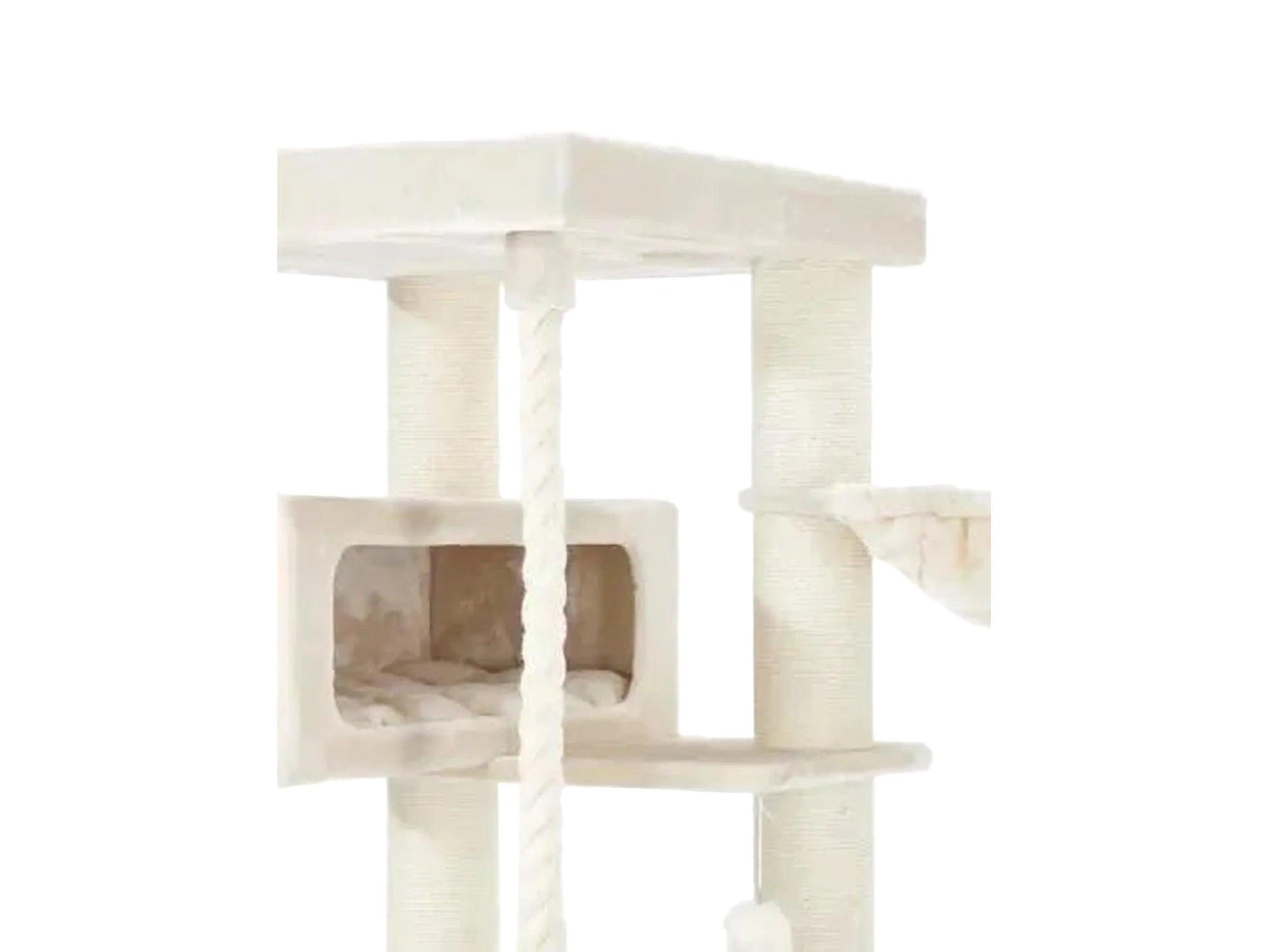 Cream Petrebels Lucky Bastards Turnpike 190 cat tree with sisal scratching posts, two dens, and a play rope.