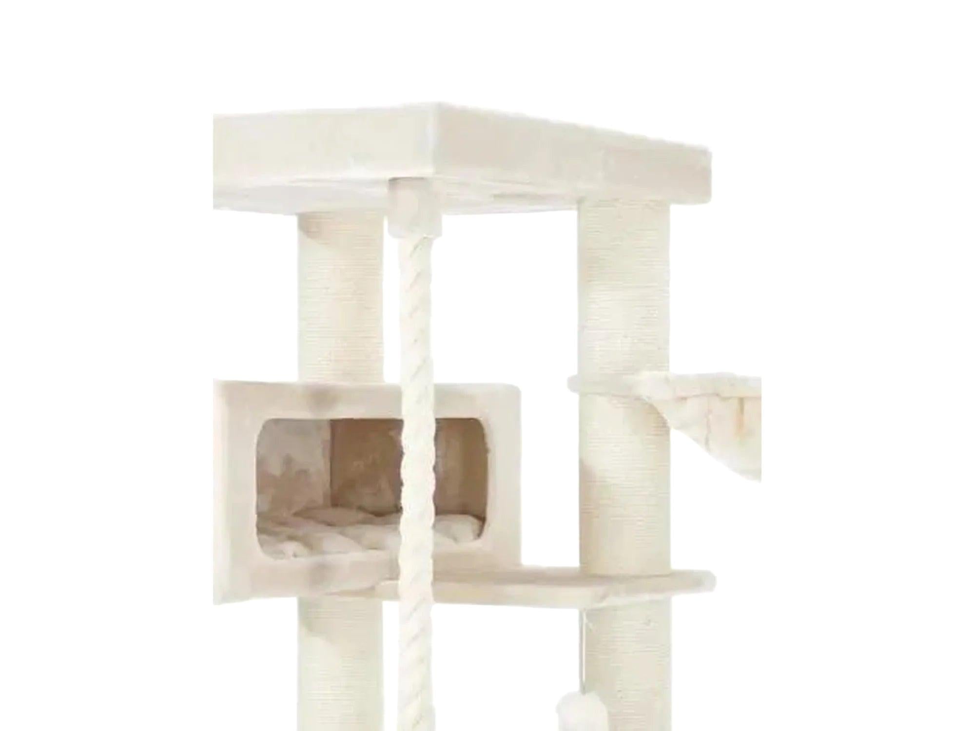 Cream Petrebels Lucky Bastards Turnpike 190 cat tree with sisal scratching posts, two dens, and a play rope.