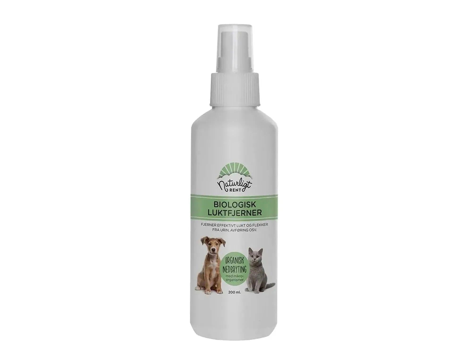 Hvit 200 ml flaske med Naturligt Rent Biologisk luktfjerner, med hund og katt illustrasjon.