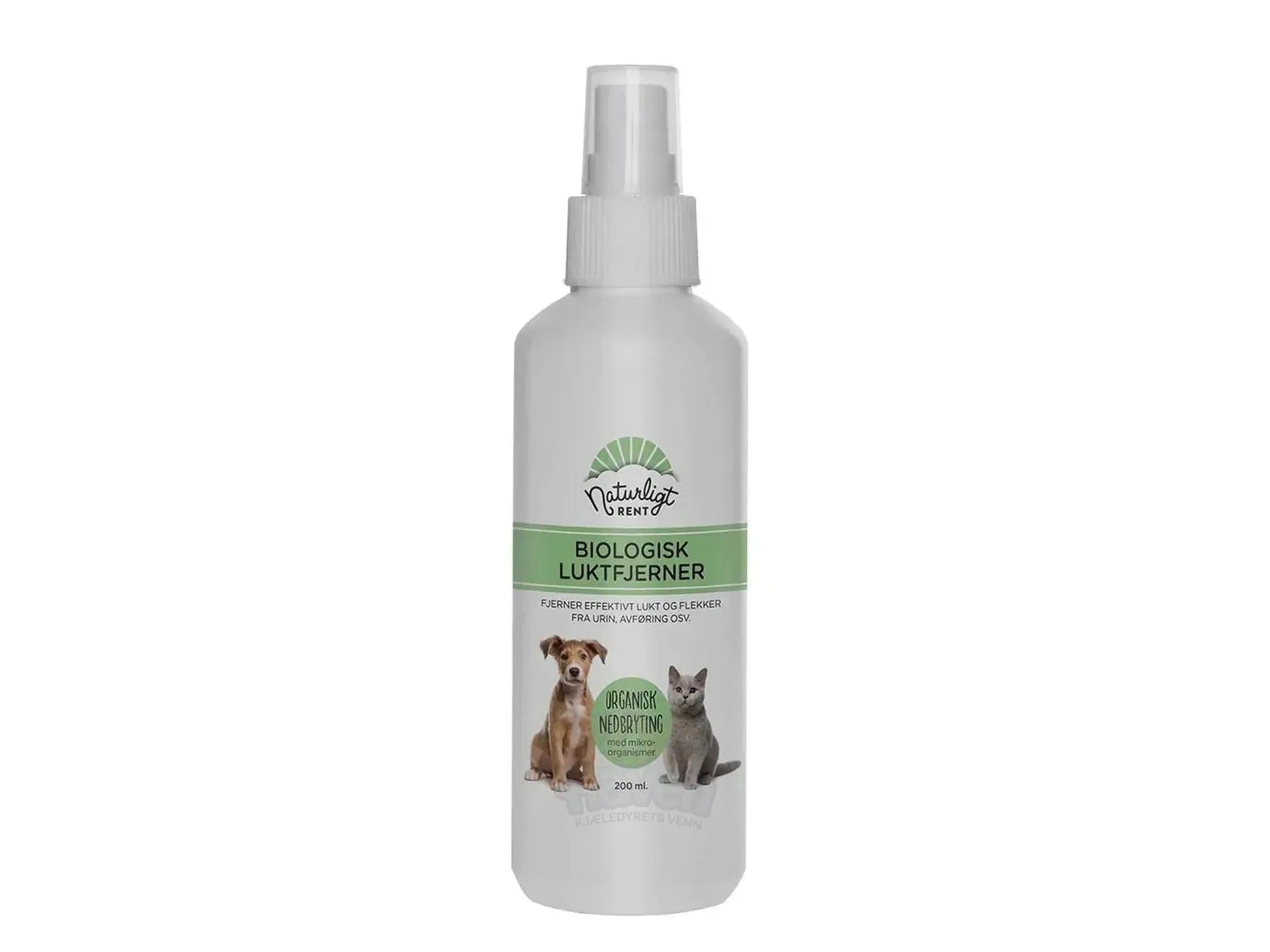 Hvit 200 ml flaske med Naturligt Rent Biologisk luktfjerner, med hund og katt illustrasjon.