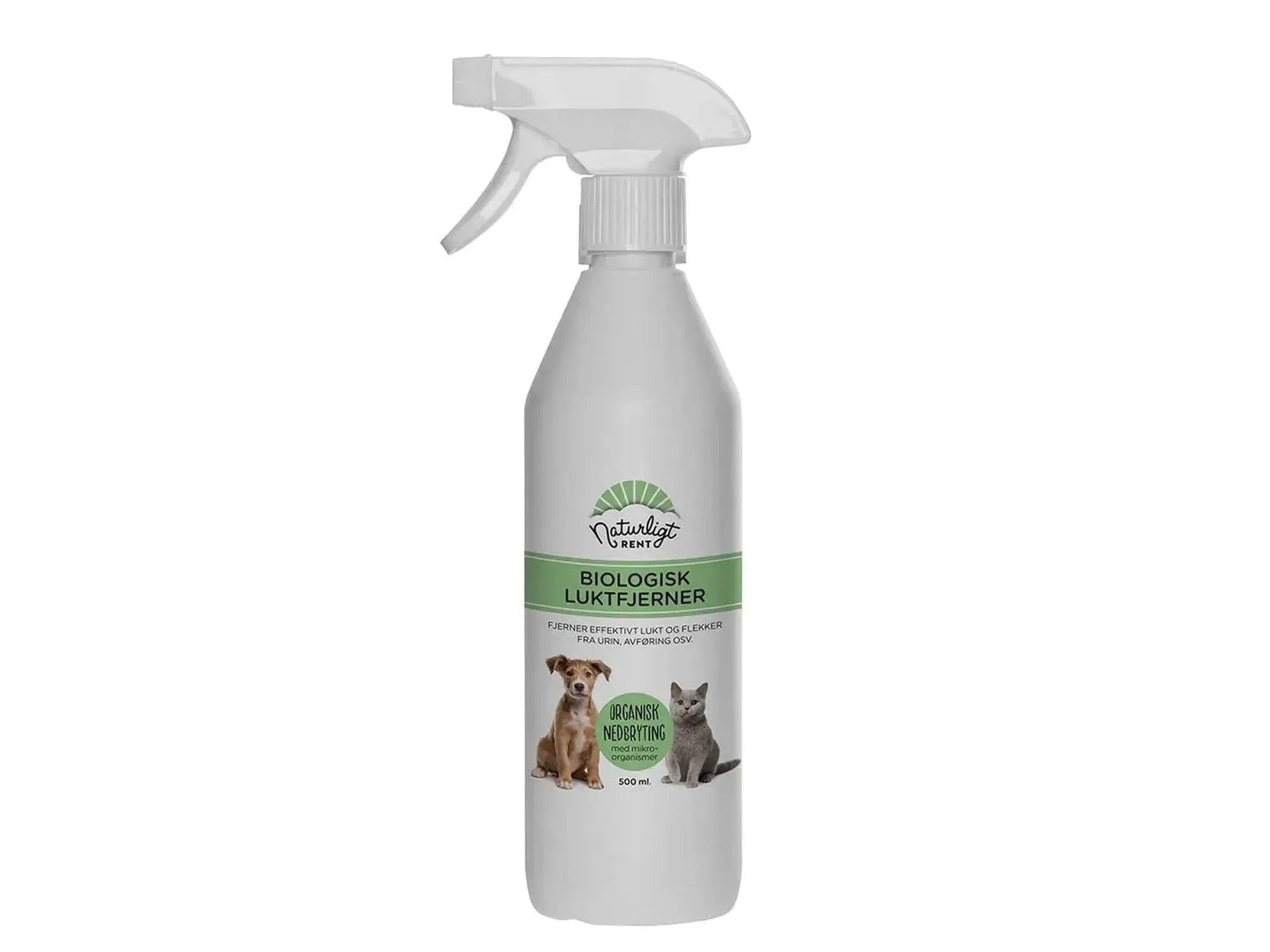 Hvit 500 ml flaske med Naturligt Rent Biologisk luktfjerner, med grønn etikett og bilder av hund og katt.