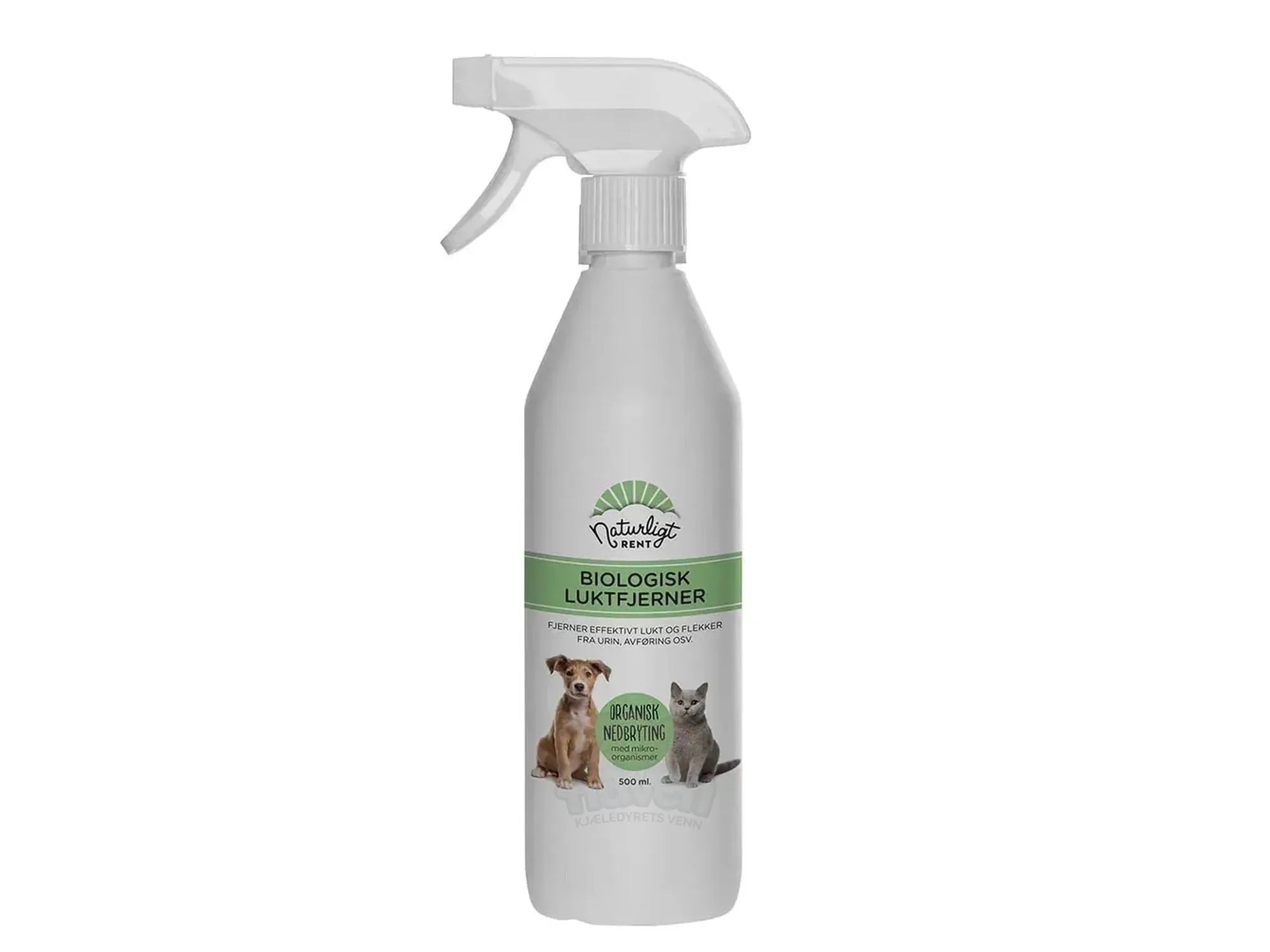 Hvit 500 ml flaske med Naturligt Rent Biologisk luktfjerner, med grønn etikett og bilder av hund og katt.