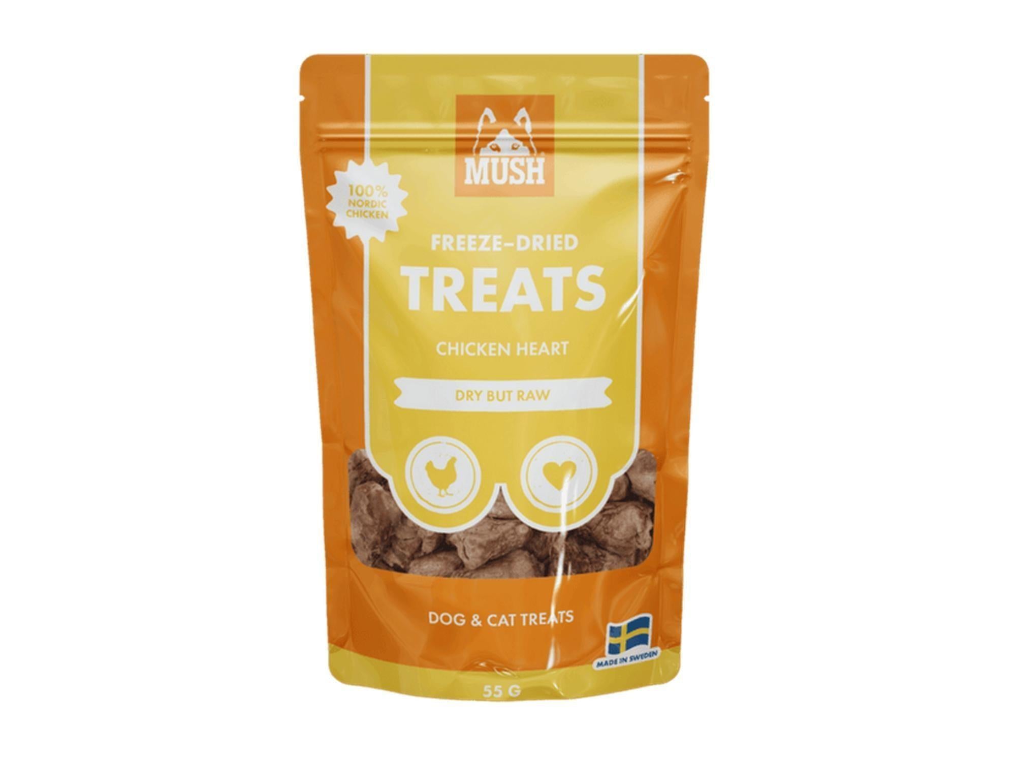 MUSH Freeze-Dried Treats kyllinghjerte i en oransje og gul pose, 55g.
