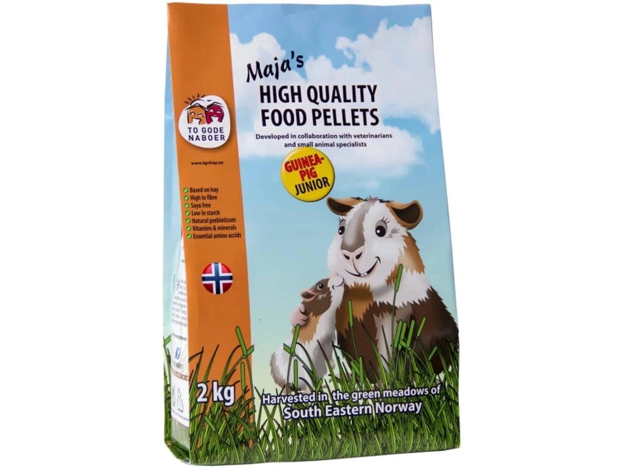 2 kg Maja's Marsvin Junior pelletsfôr for unge marsvin, med bilde av marsvin på pakken.
