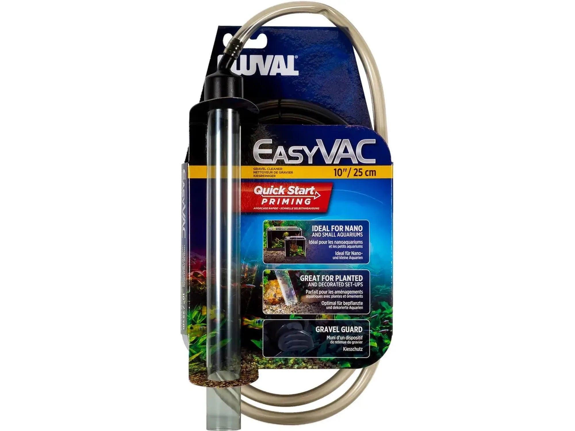 Fluval EasyVac 10"/25 cm akvariegrusrenser med gjennomsiktig rør og beige slange i emballasje.