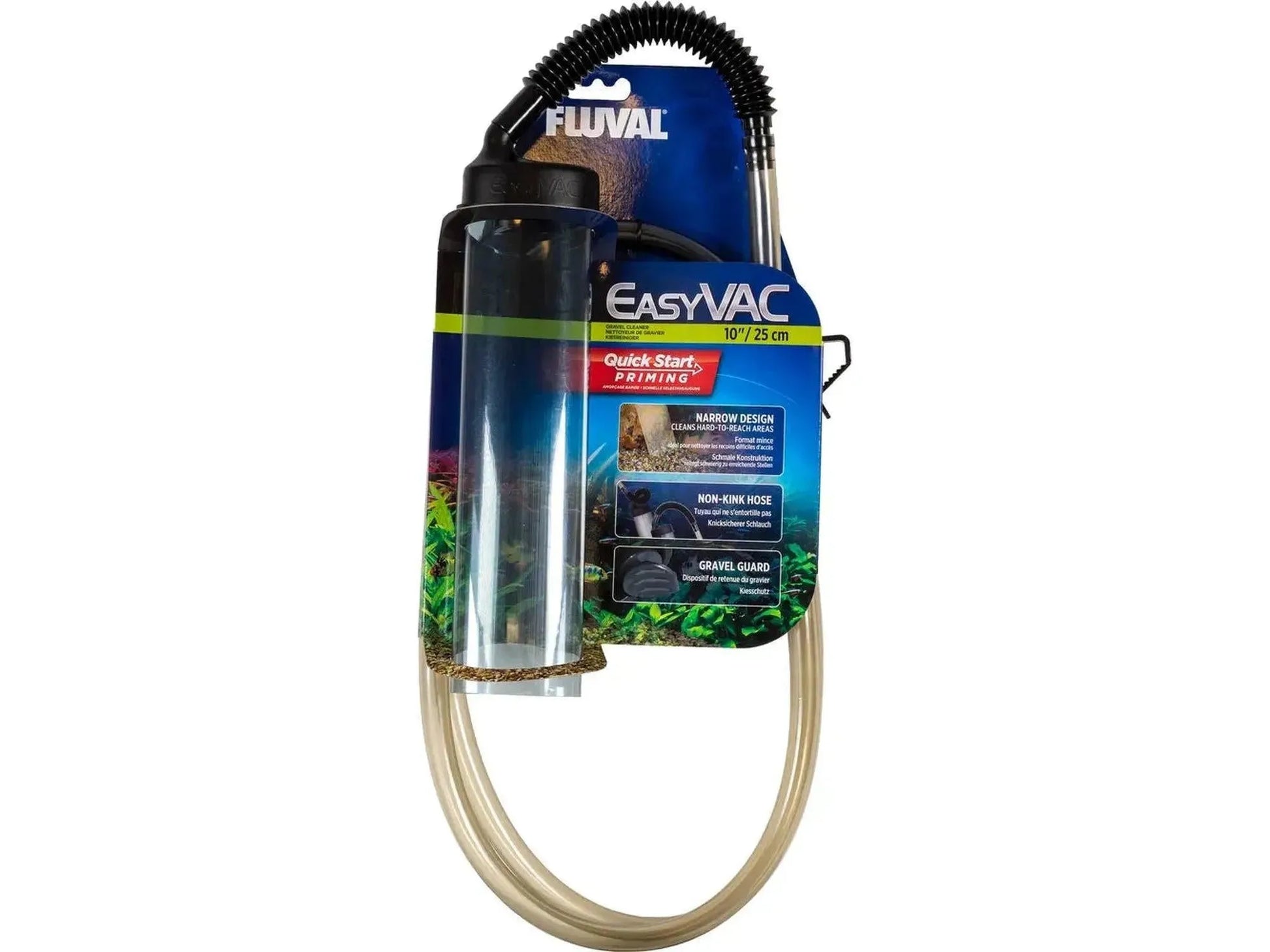 Fluval EasyVac grussuger med svart pumpe, gjennomsiktig rør, og beige anti-kink slange.