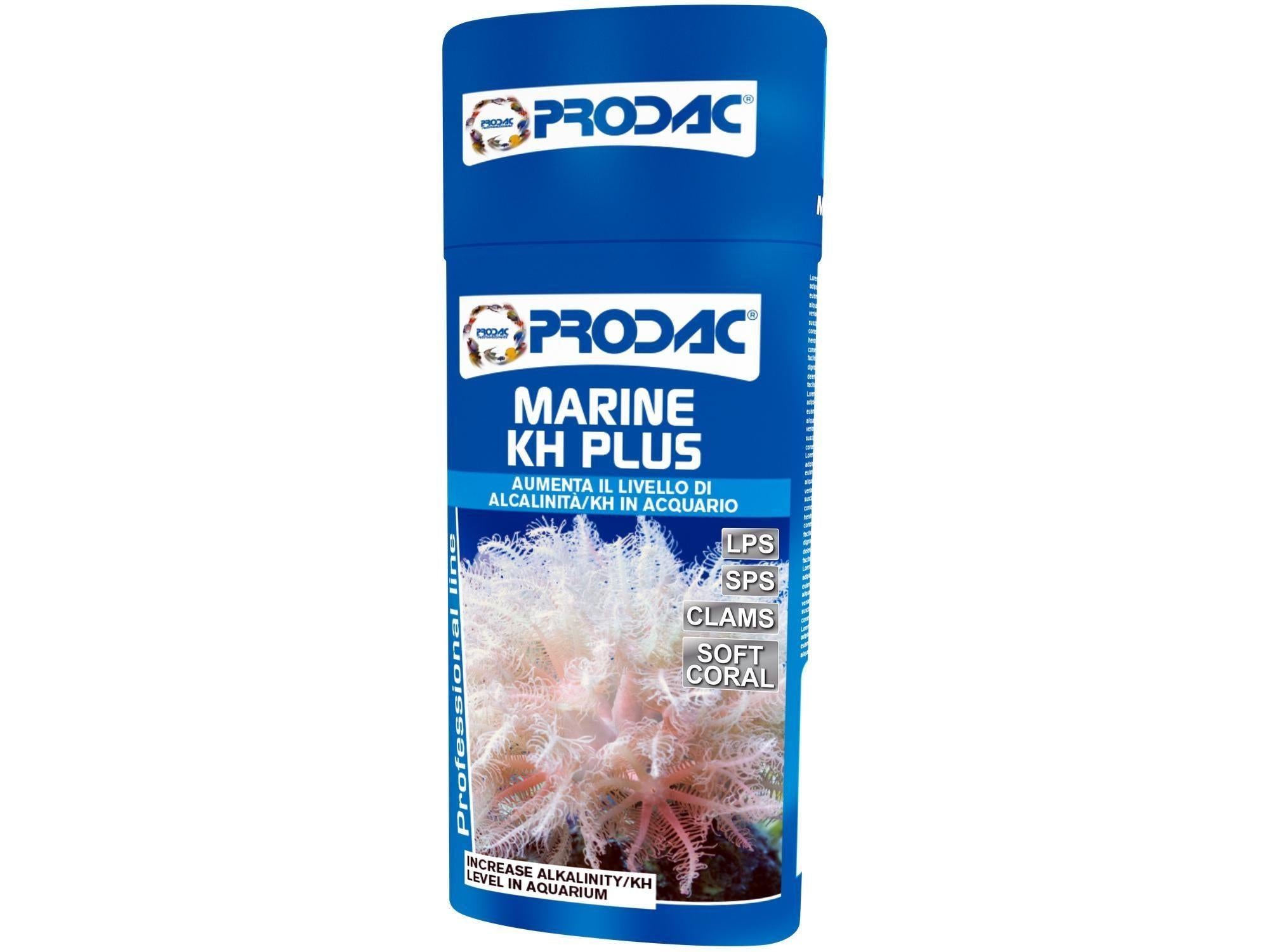 Prodac Marine KH Plus 250ml blå flaske for saltvannsakvarier, med korallbilde og tekst.
