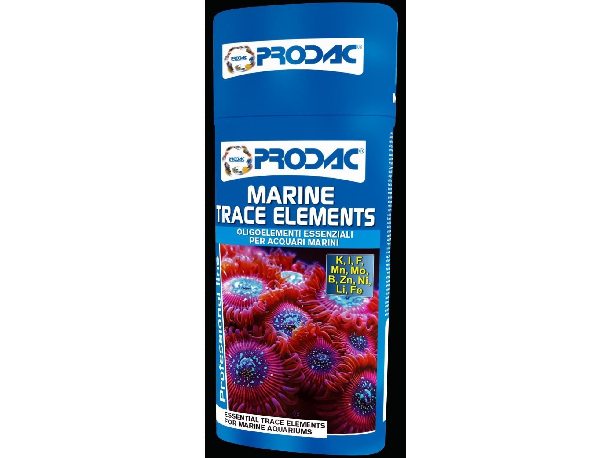 Prodac Marine Trace Elements 250ml flaske med koraller og sporstoffliste.