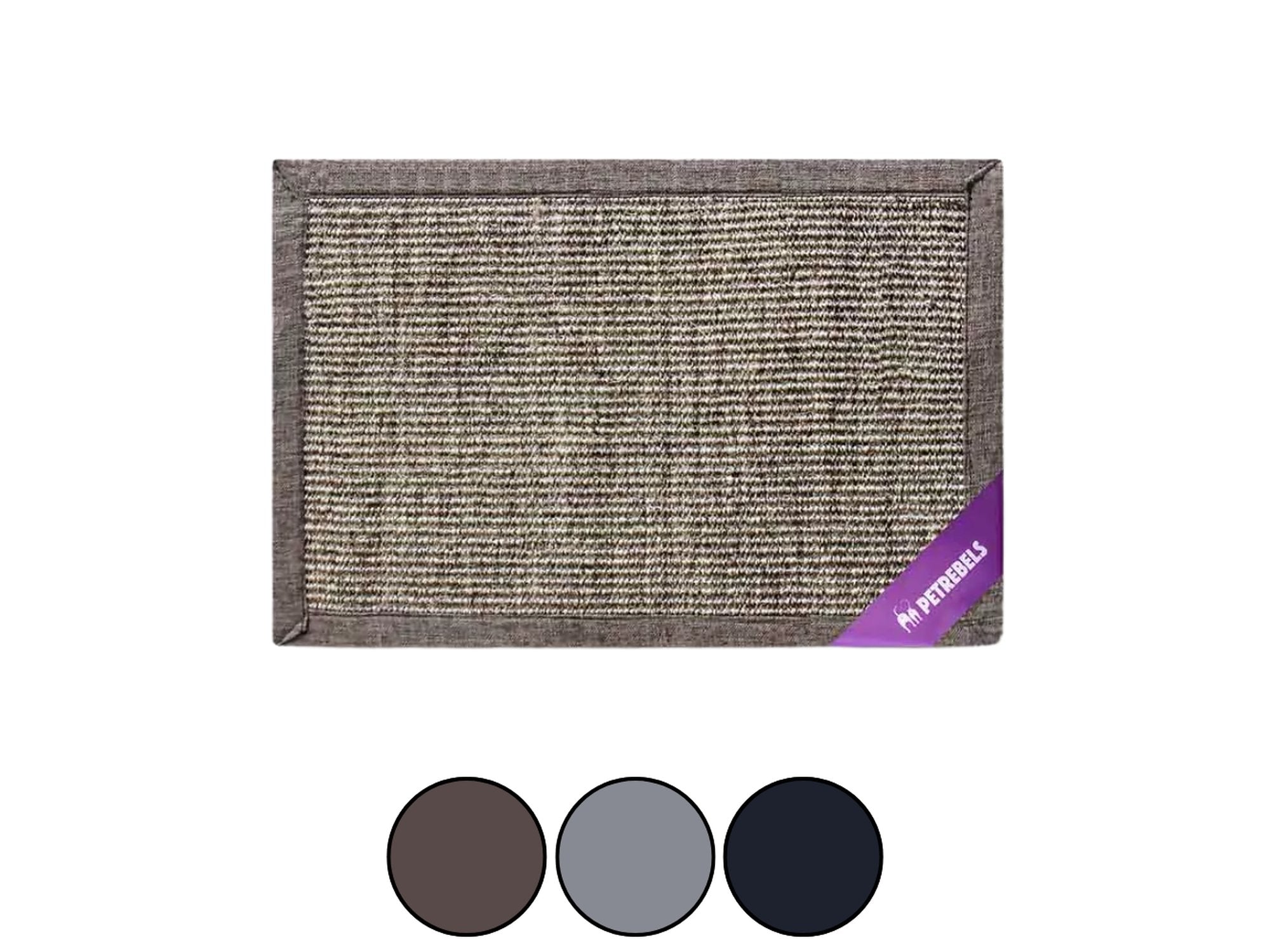 Mastermat 60 horisontal klorematte i grå sisal med mørk kant og lilla Petrebels-logo.