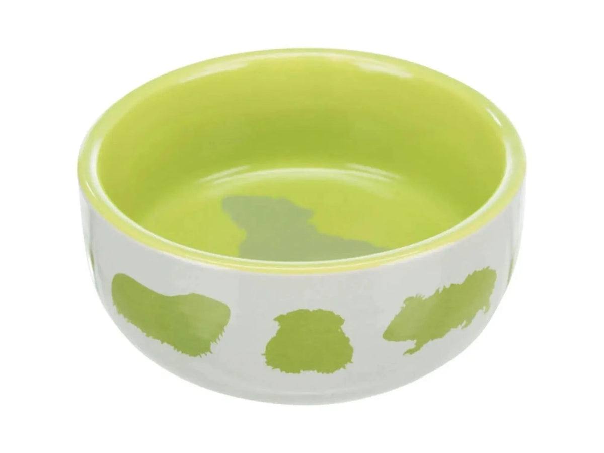 Hvit porselensmatskål med limegrønn innside og marsvinmotiv, 250ml, 11cm.