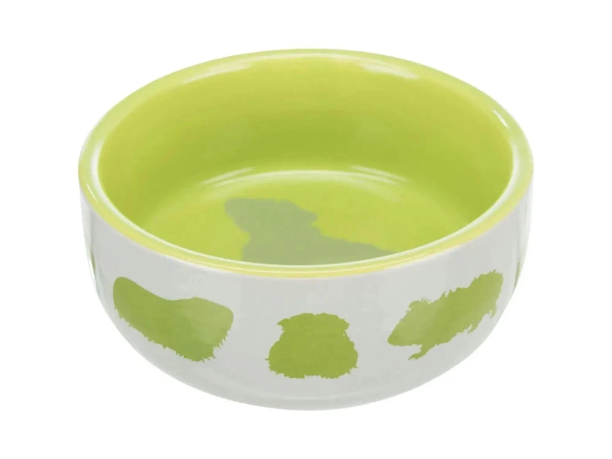 Hvit porselensmatskål med limegrønn innside og marsvinmotiv, 250ml, 11cm.