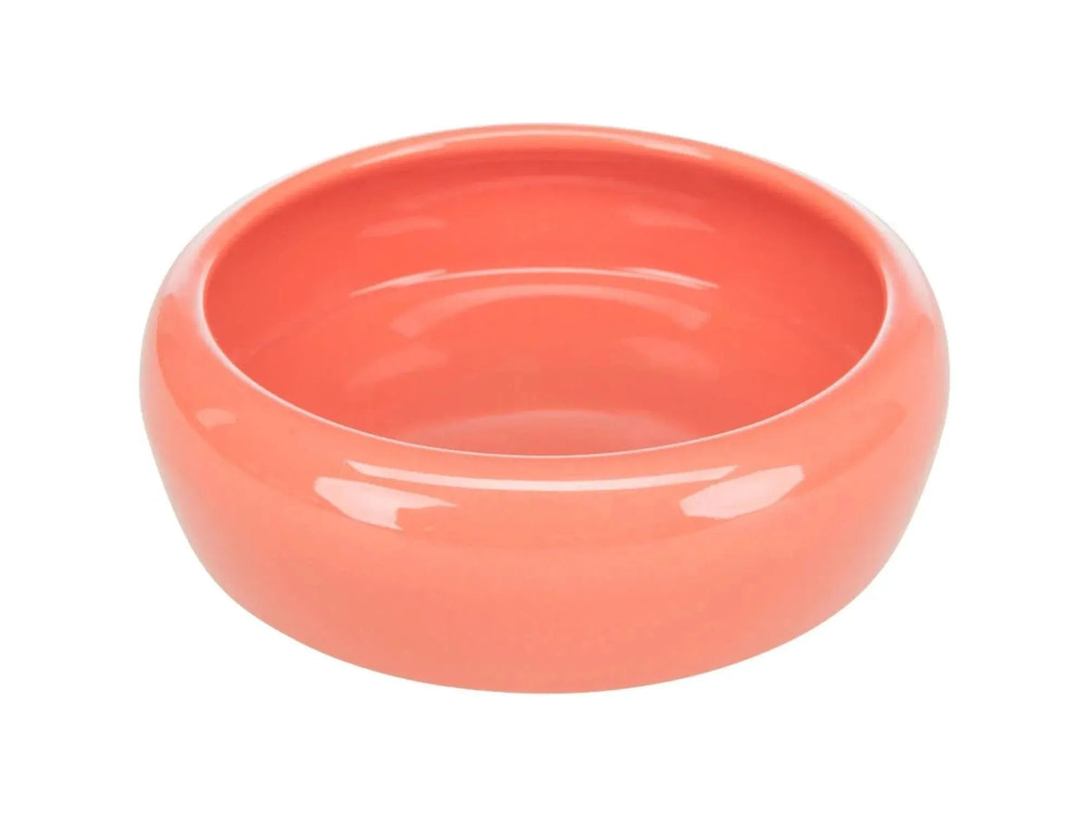 Korallfarget keramisk matskål (13cm, 400ml) med anti-sølekant for smådyr.