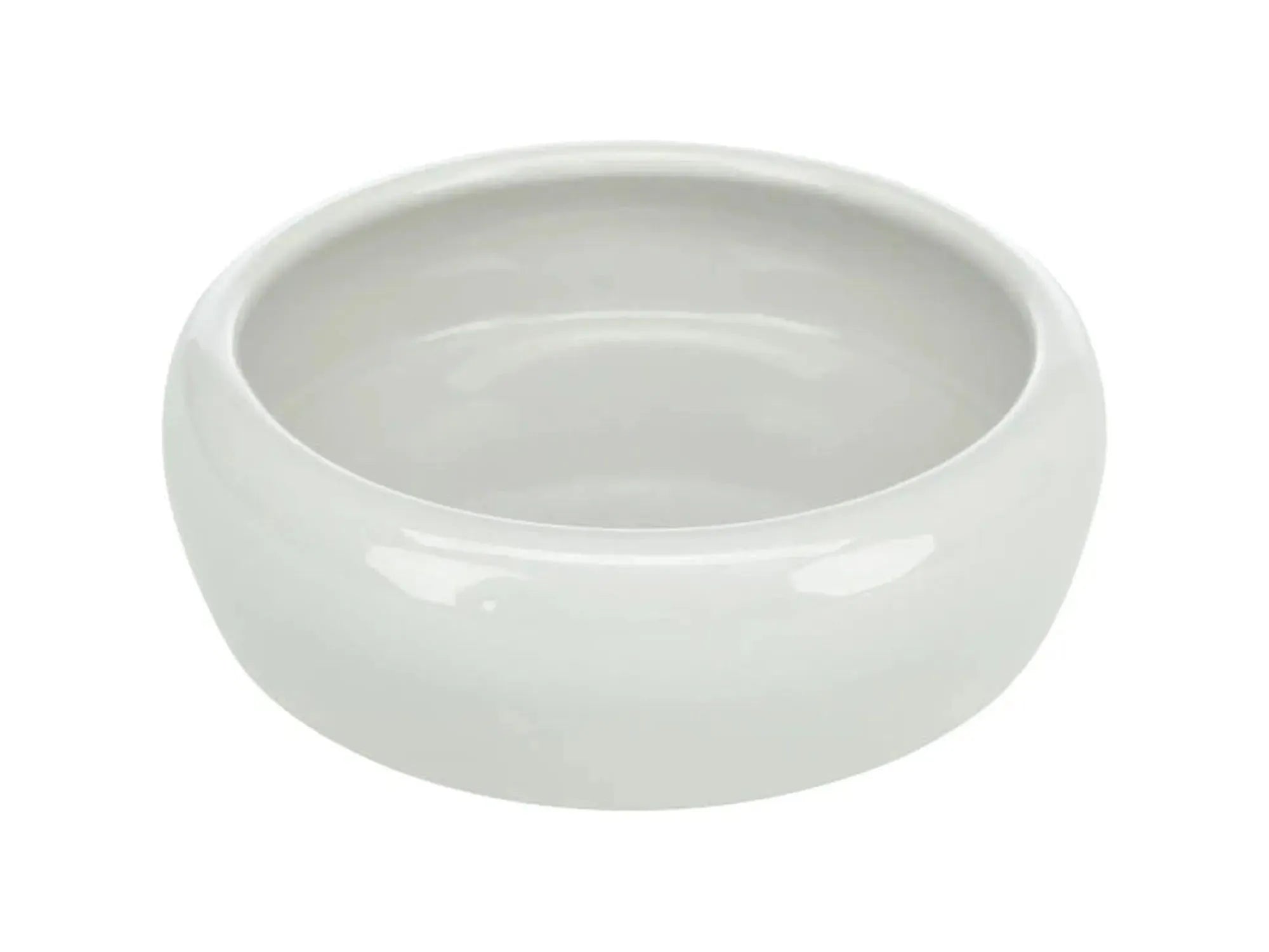 Hvit keramisk matskål for smådyr, 13cm, med anti-sølekant.