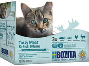 Bozita Tasty Meat & Fish Menu våtfôr til katt, 12x85g pakke med biter i saus, grå katt på forsiden.