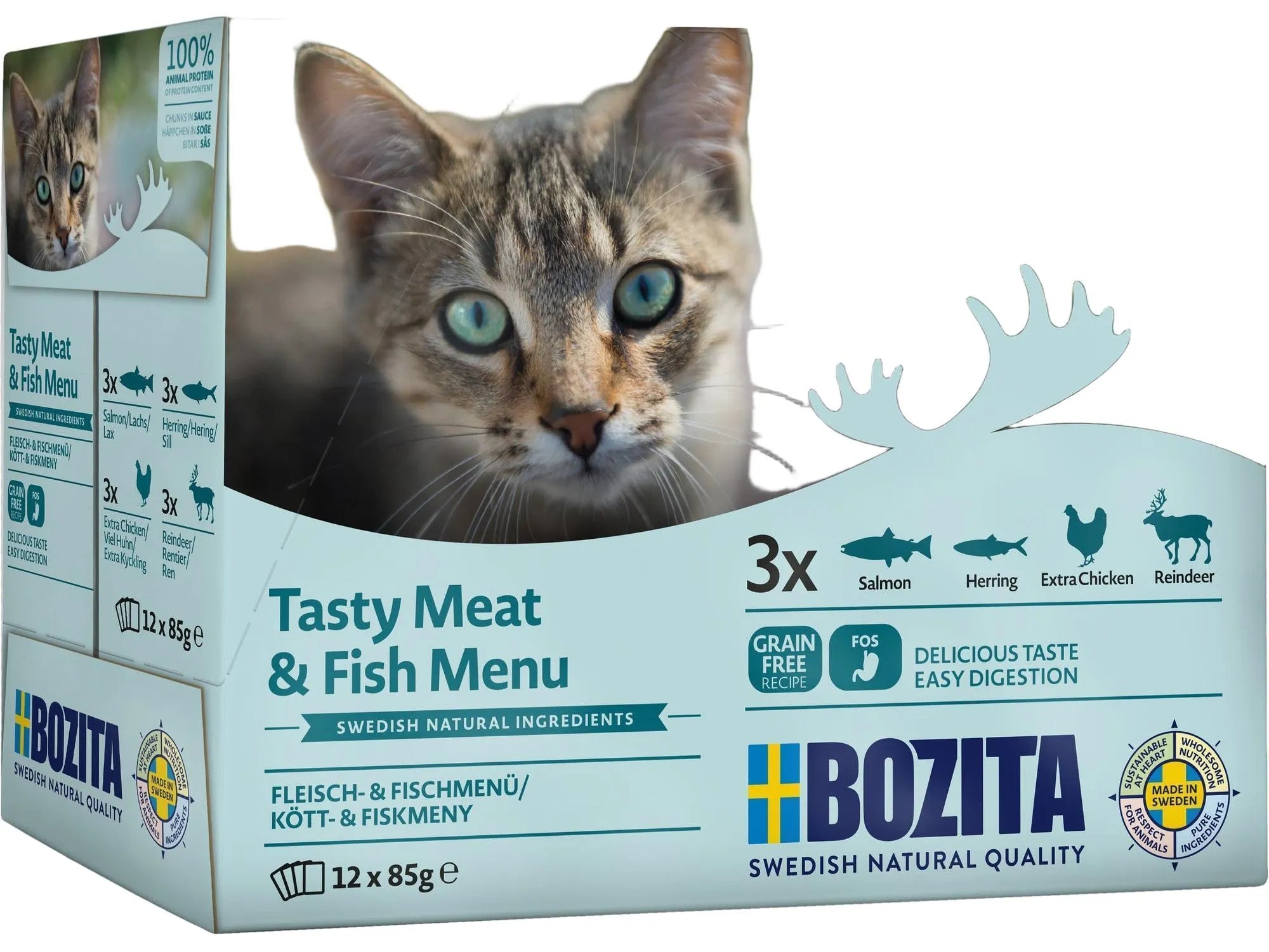 Bozita Tasty Meat & Fish Menu våtfôr til katt, 12x85g pakke med biter i saus, grå katt på forsiden.