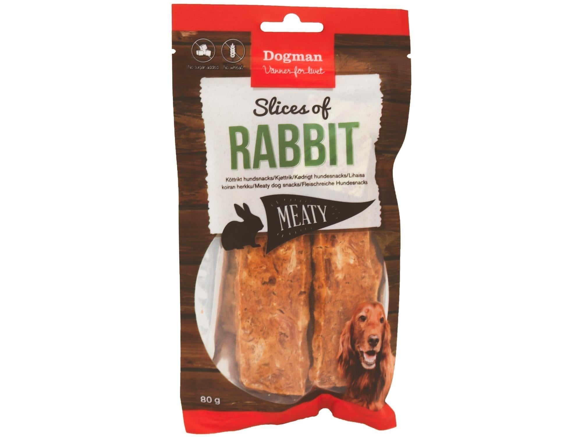 Dogman Meaty Slices of Rabbit hundegodbiter 80g i lukkbar emballasje med kanin og tekst.