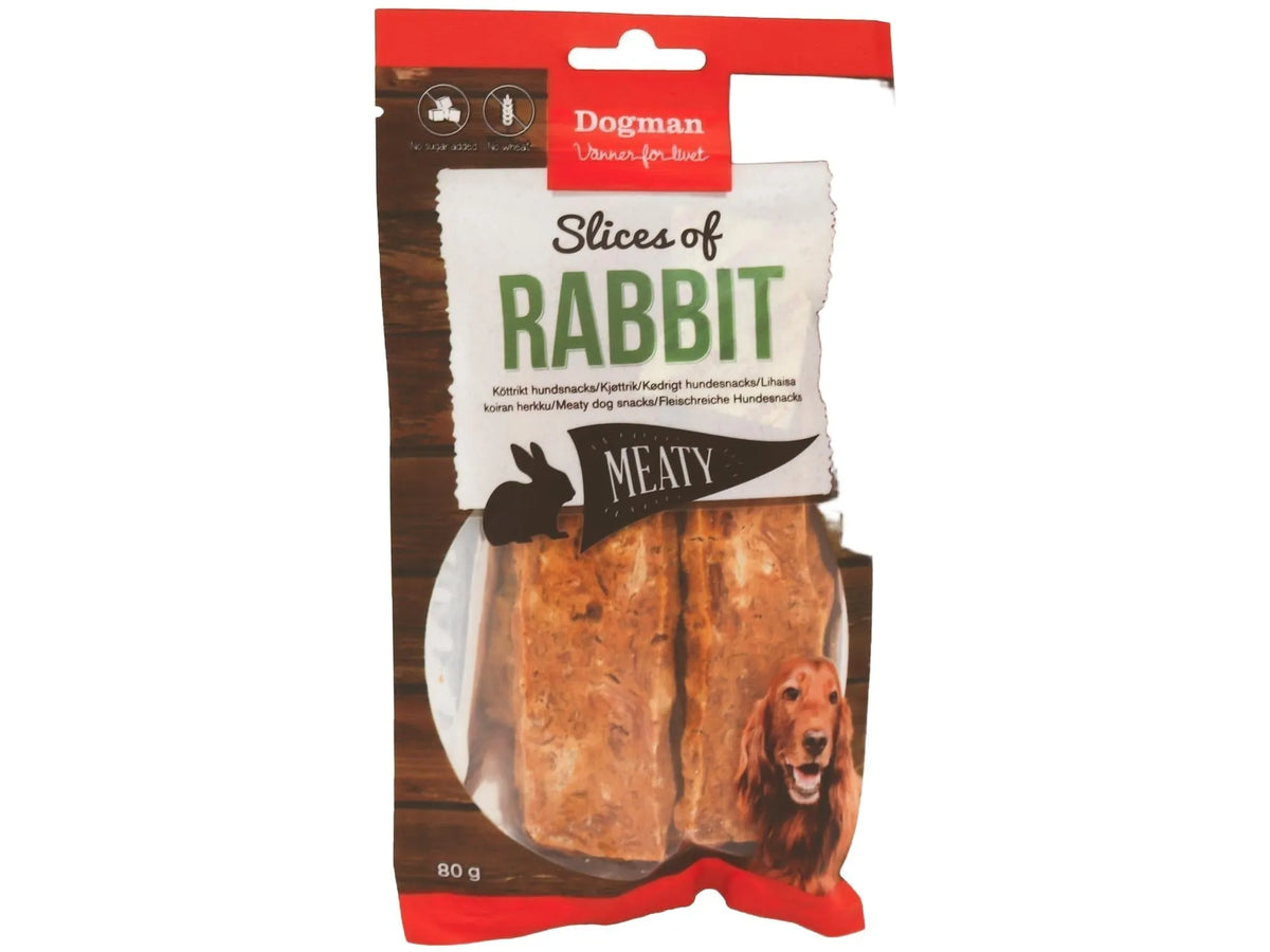 Dogman Meaty Slices of Rabbit hundegodbiter 80g i lukkbar emballasje med kanin og tekst.