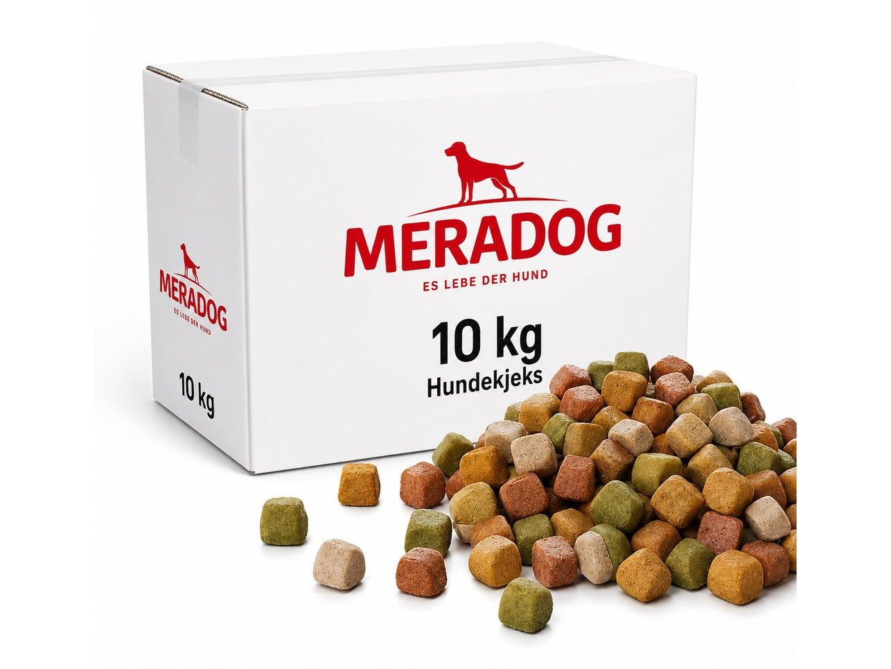 Hvit 10 kg eske med Meradog hundekjeks og en haug med fargerike, 1,5 cm store ovnsbakte godbiter for tannpleie.