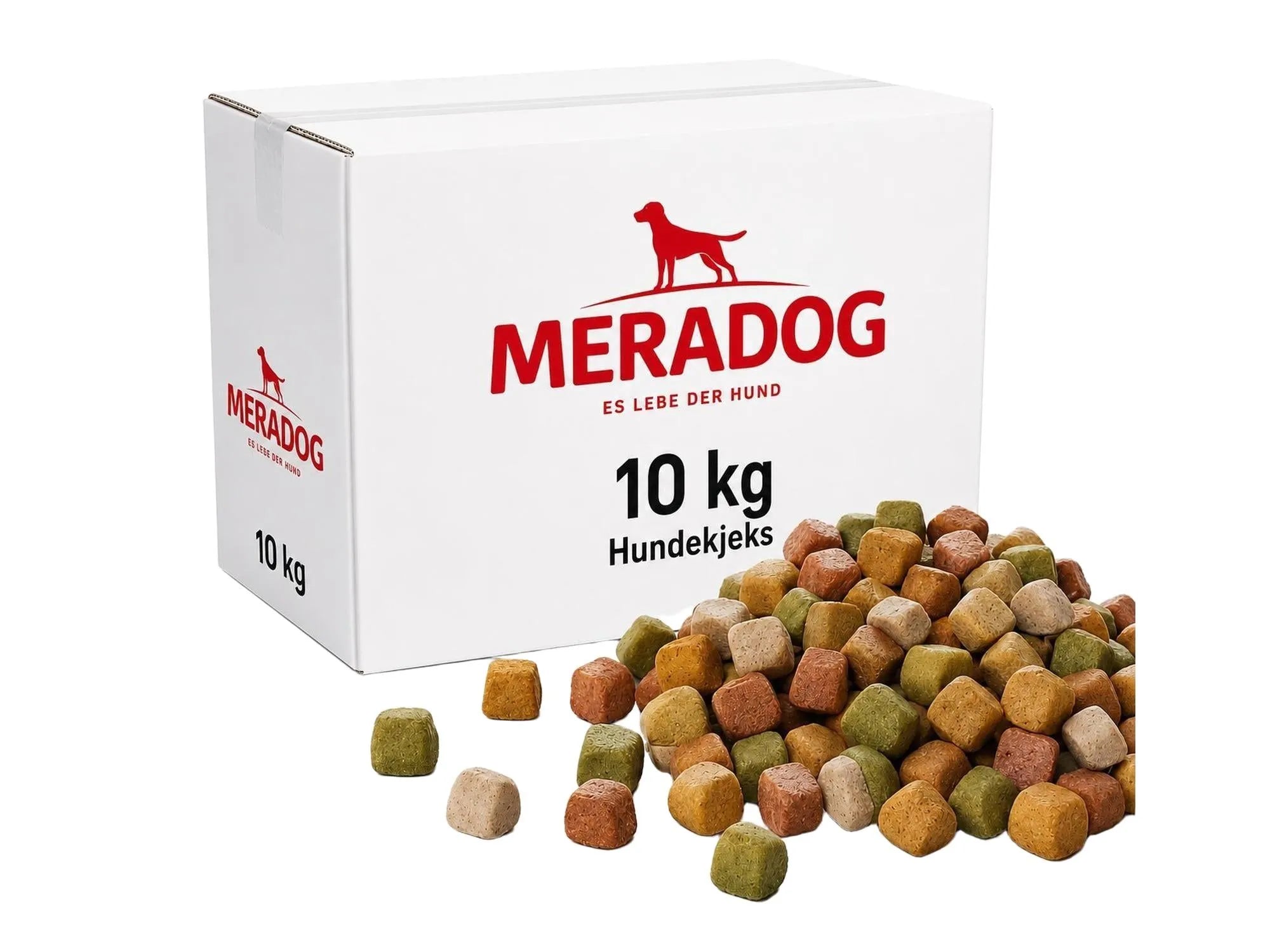 Hvit 10 kg eske med Meradog hundekjeks og en haug med fargerike, 1,5 cm store ovnsbakte godbiter for tannpleie.