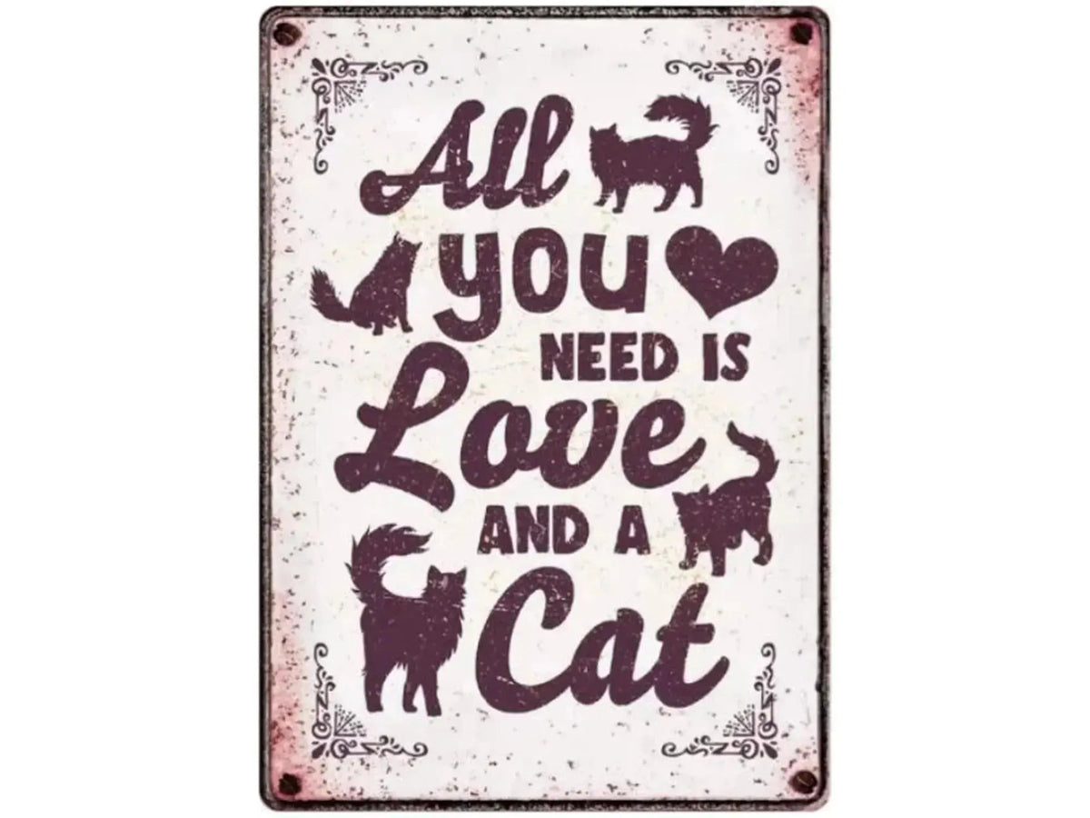 Metallskilt 21x14,8cm med "All You Need is Love And a Cat" tekst og kattefigurer.