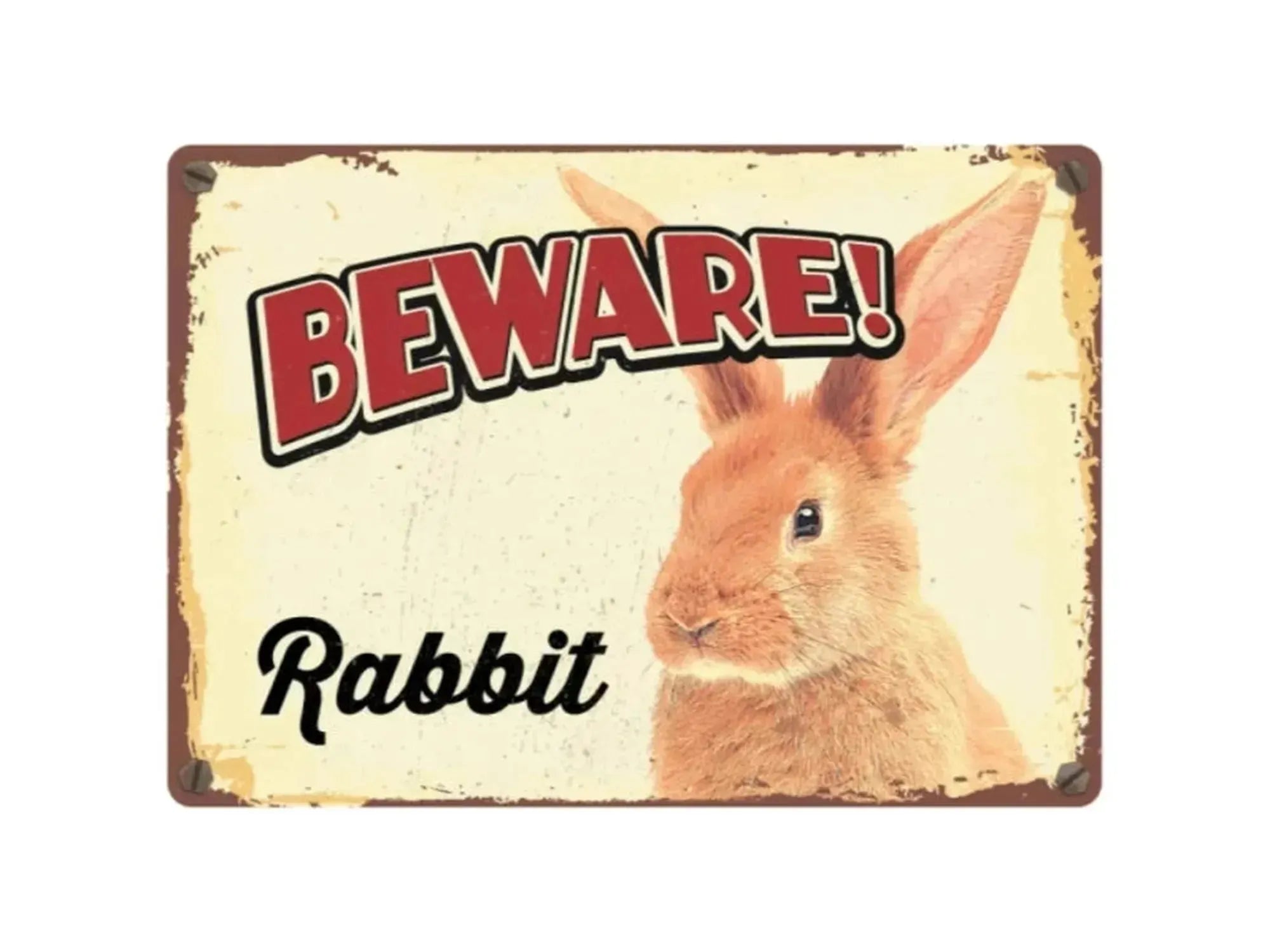 Vintage metallskilt med "BEWARE! Rabbit" tekst og bilde av en brun kanin. 21x14,8cm.