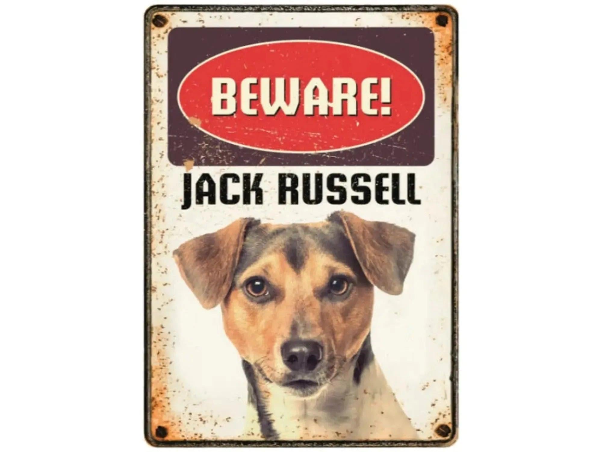 Metallskilt 21x14,8cm med rustikk look, "BEWARE! JACK RUSSELL" tekst og et portrett av en Jack Russell hund.