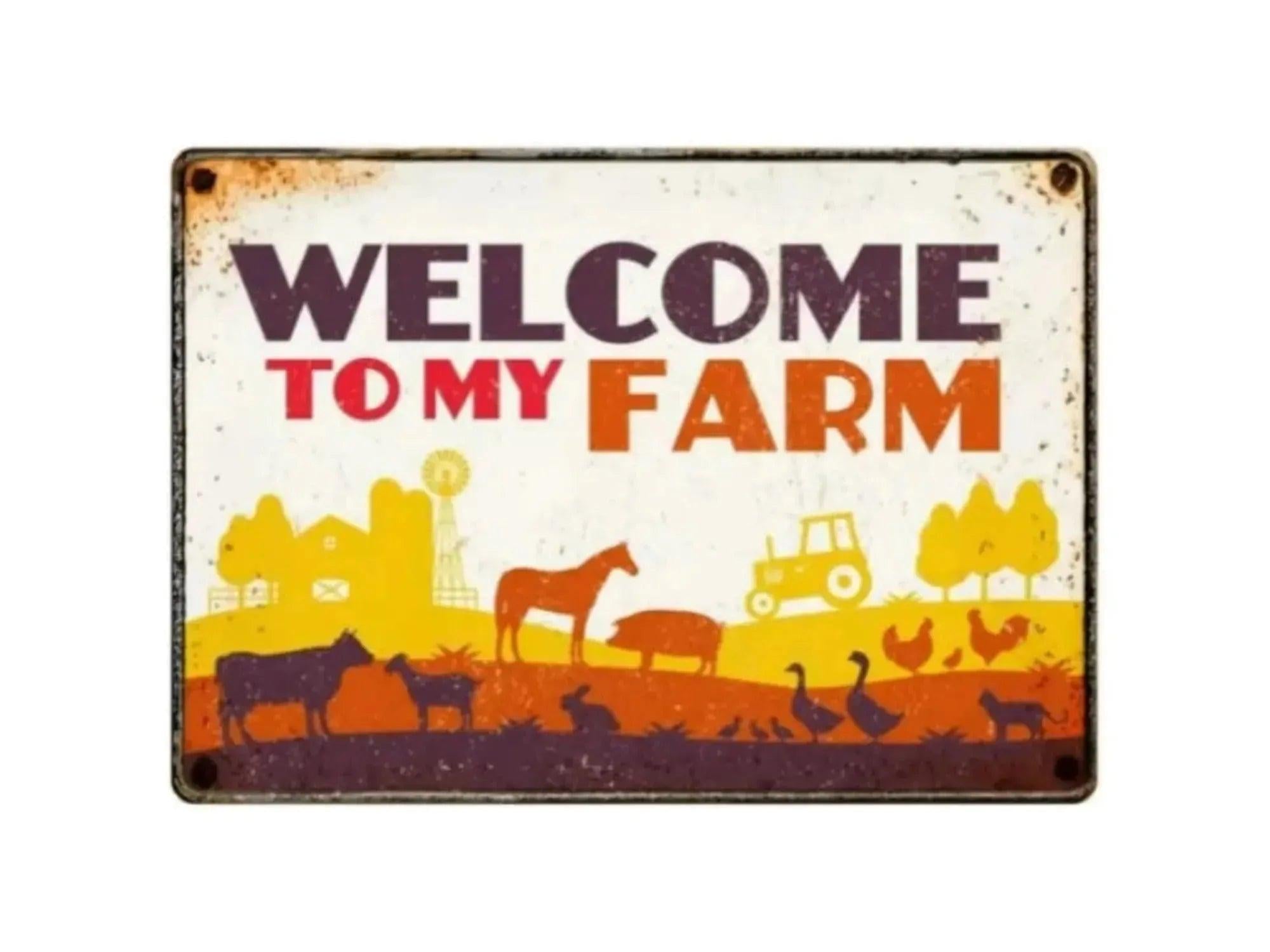 Rustikk metallskilt "Welcome to my farm" med gårdsdyr og traktor, 21x14,8cm.