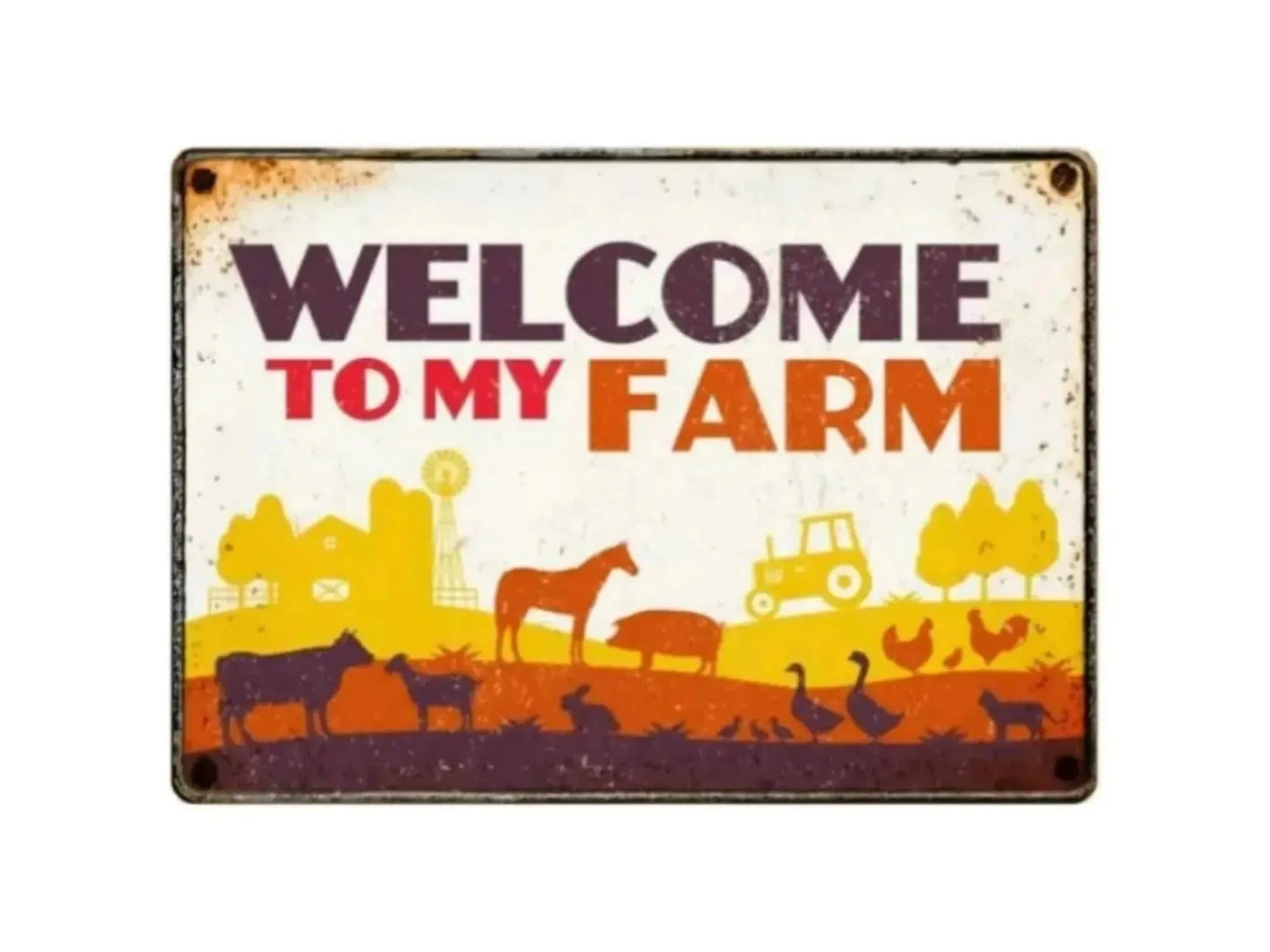 Rustikk metallskilt "Welcome to my farm" med gårdsdyr og traktor, 21x14,8cm.