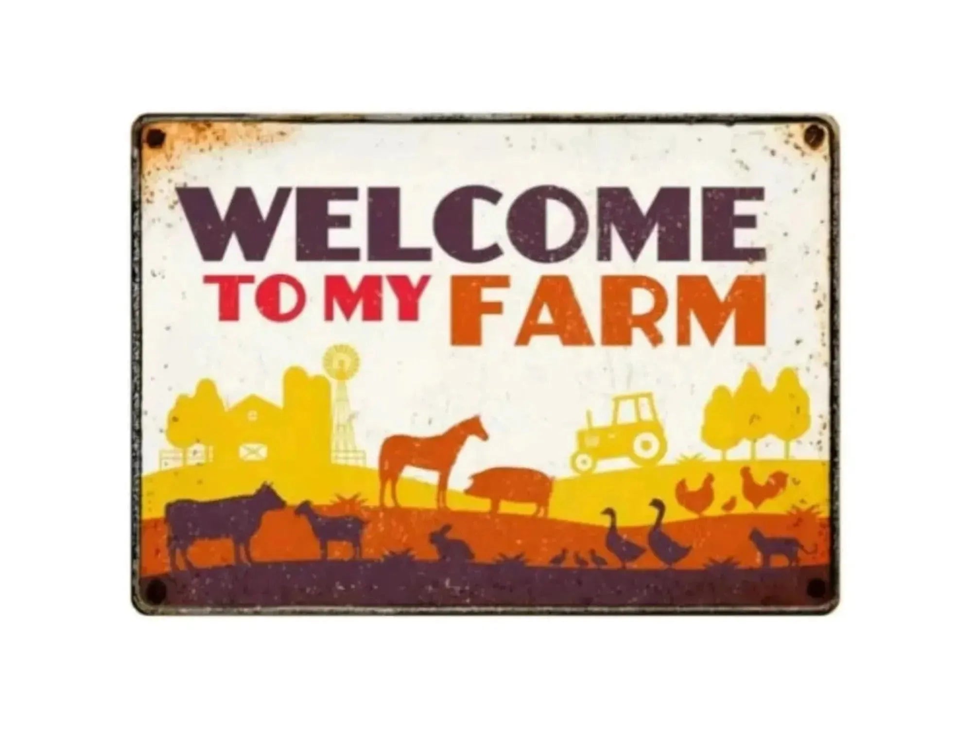 Rustikk metallskilt "Welcome to my farm" med gårdsdyr og traktor, 21x14,8cm.