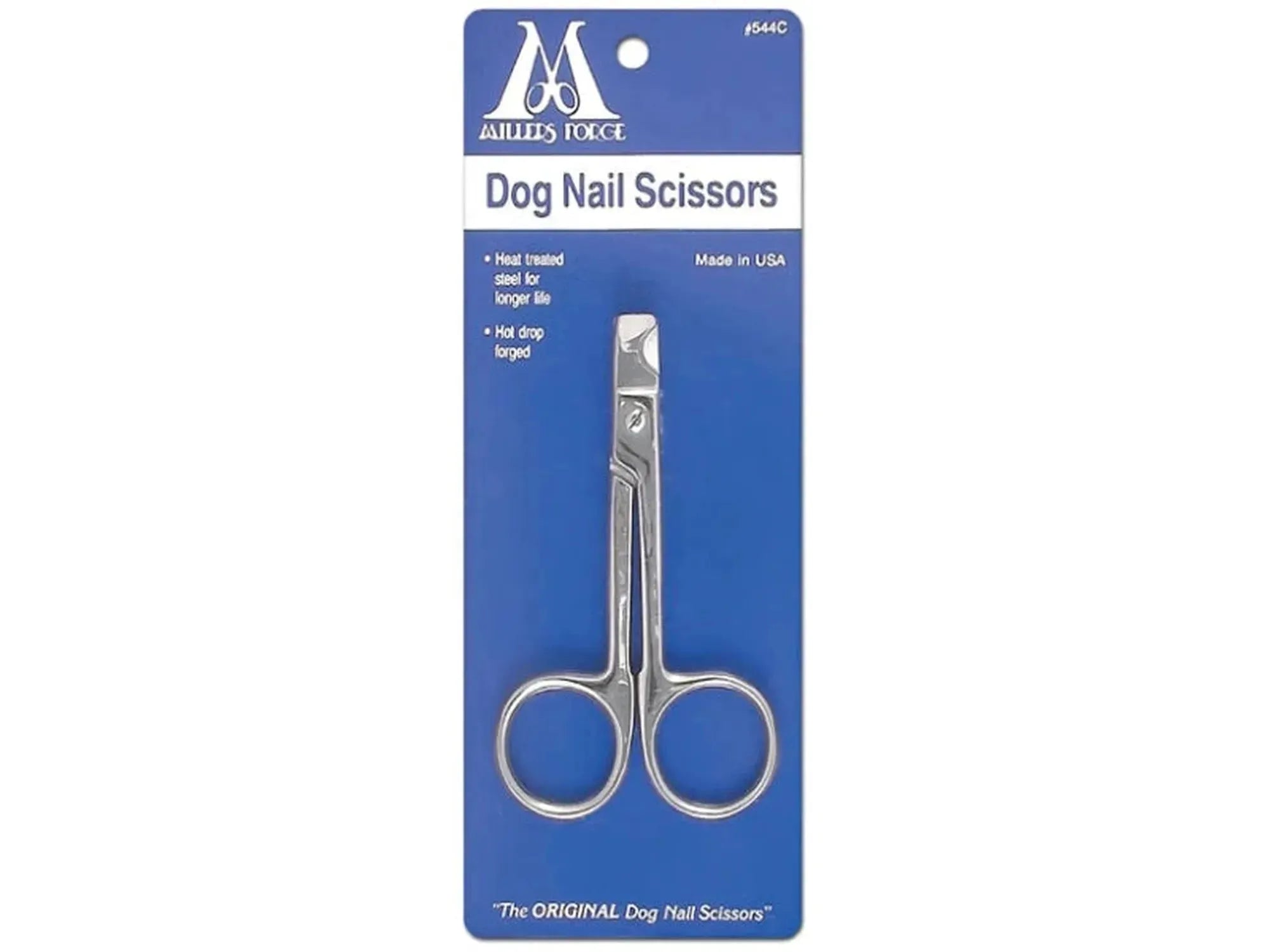 Miller hundeklotang i helstål, sølvfarget, på blå og hvit emballasje. Kompakt design for kloklipping.