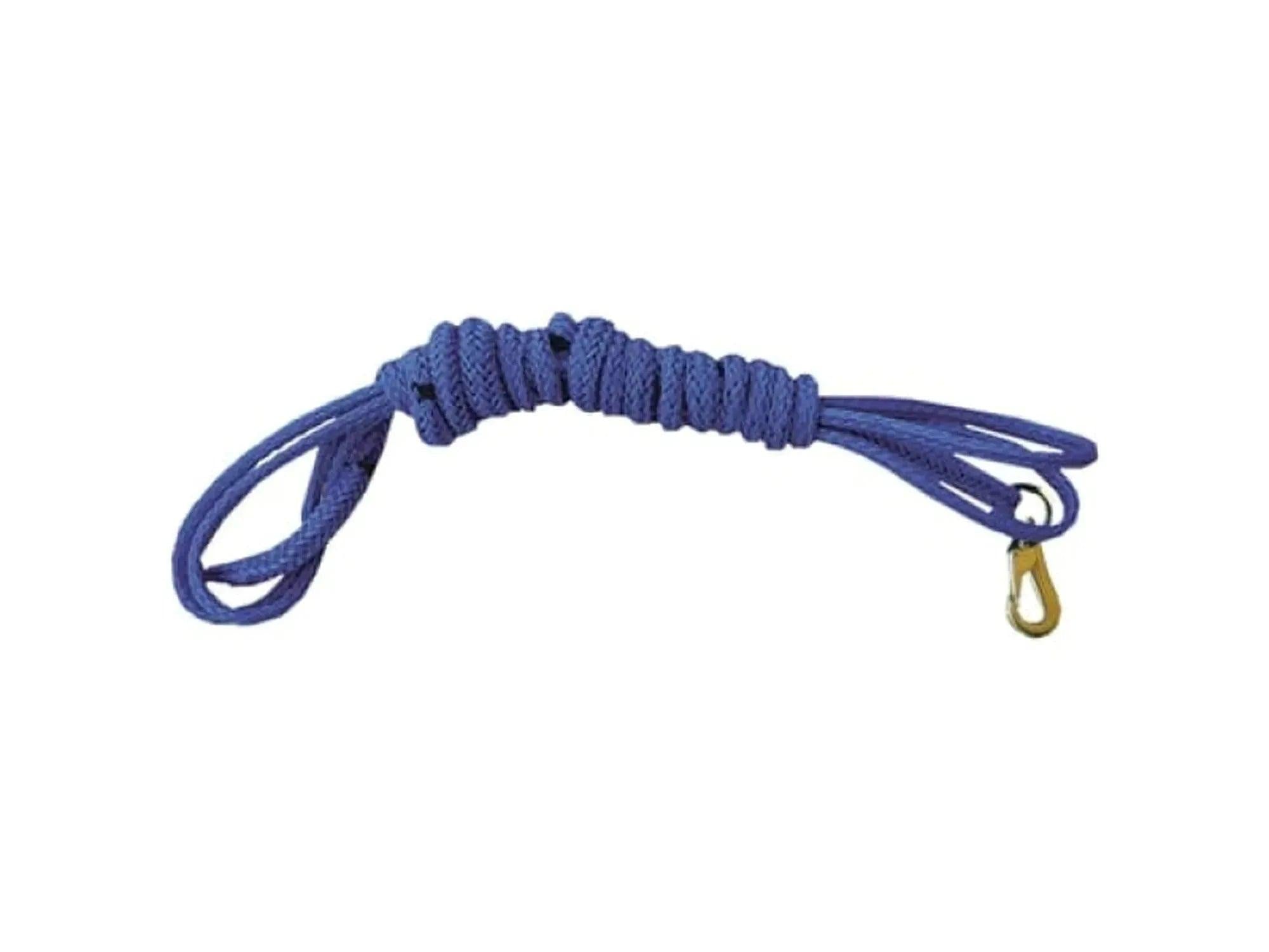 Blå 4-meters kjørestrikk for hund, med elastisk midtseksjon og gullfarget karabinkrok.