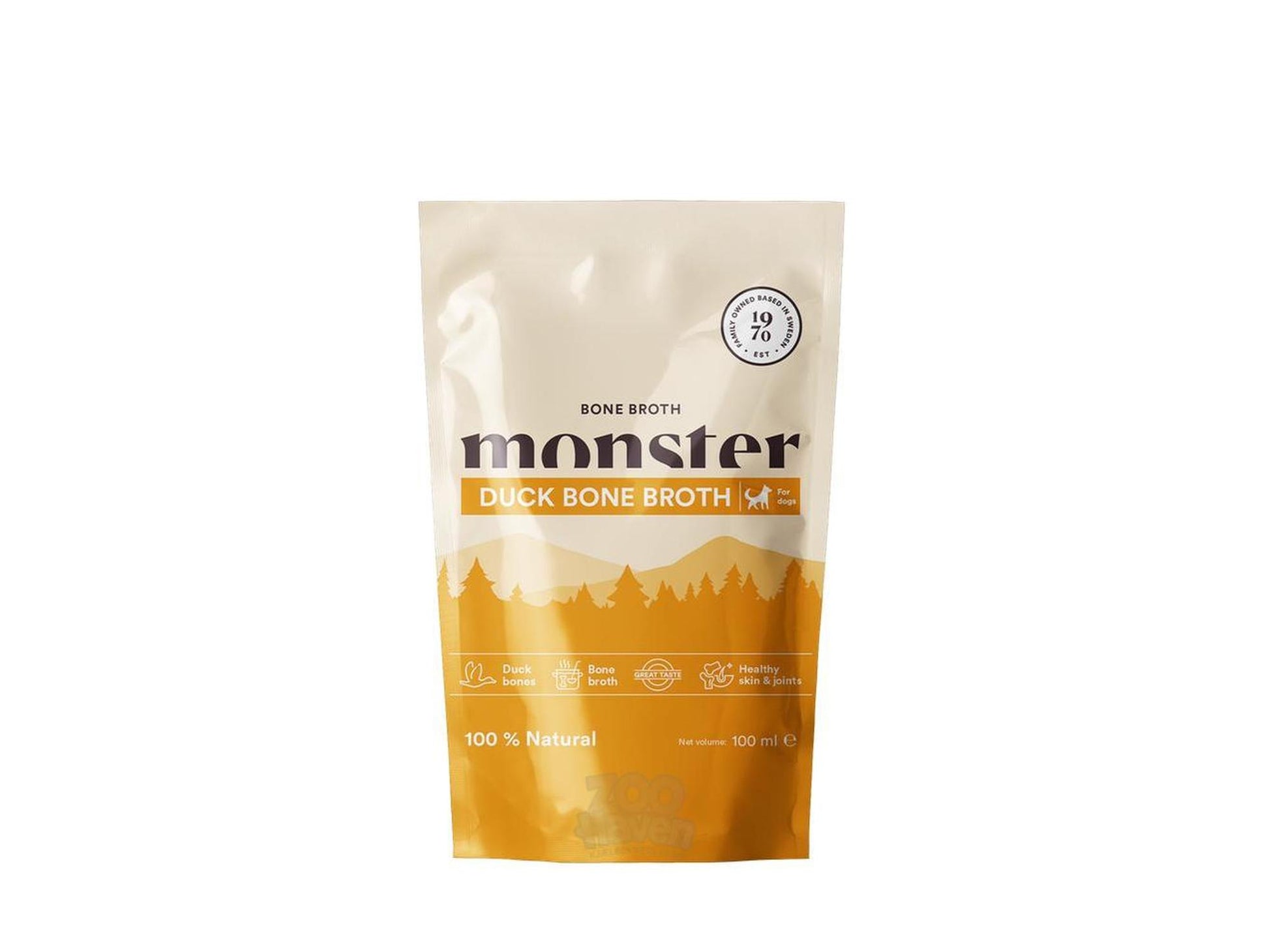 Monster Duck Bone Broth 100ml pouch with forest design, 100% natural for healthy skin & joints.