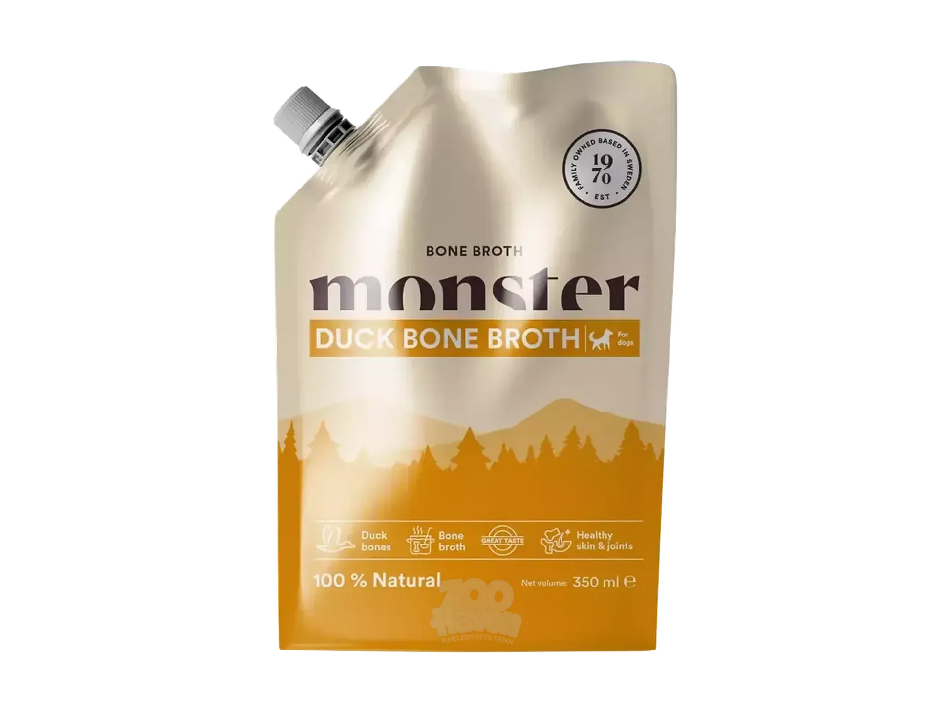 Monster Hund Benbuljong And 350 ml, en naturlig væskeboost med kollagen i en lys pose.