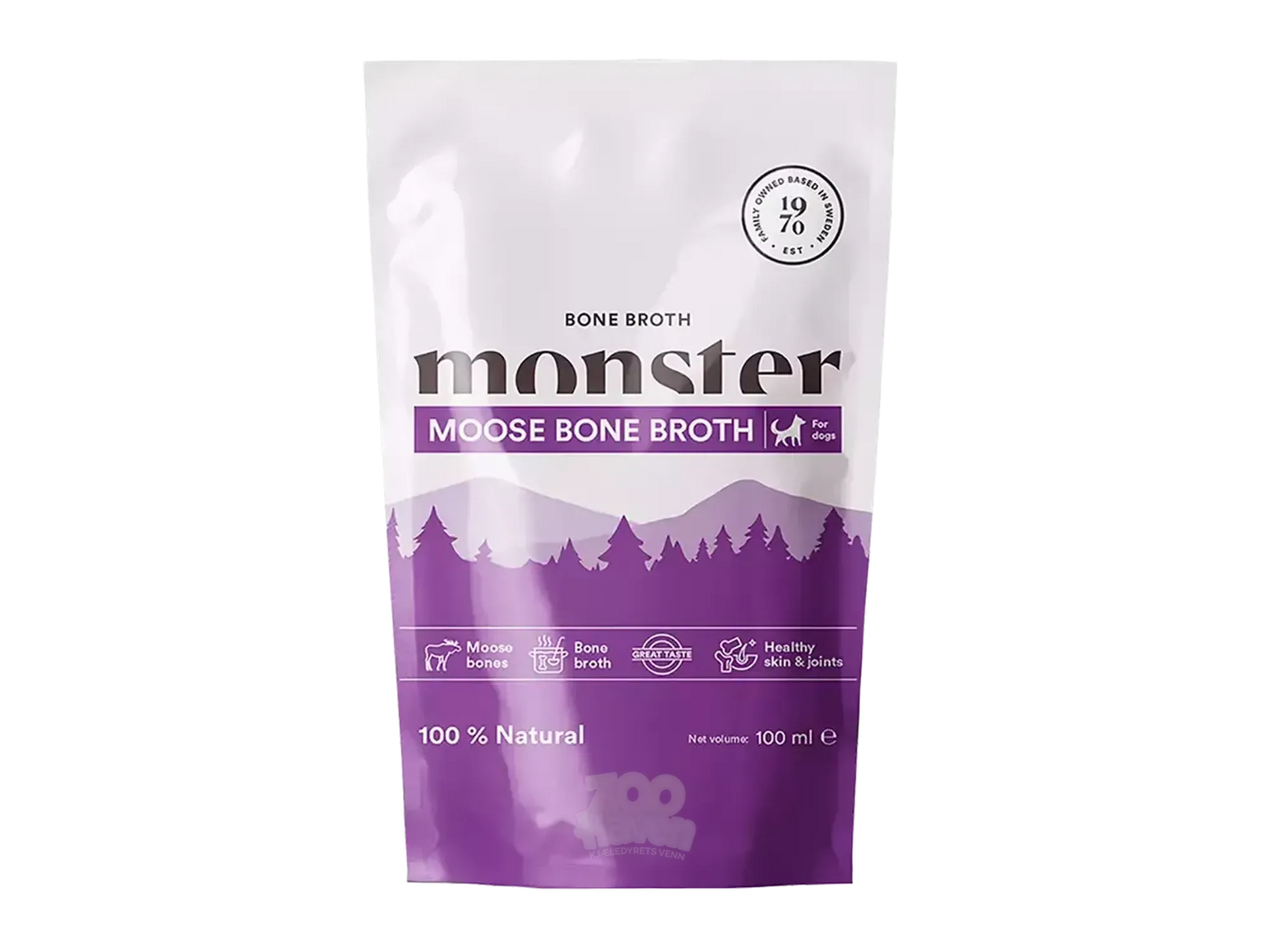 Hvit Monster Dog elgbenbuljong-pose med lilla skogdesign, 100 ml, for sunn hud og ledd.