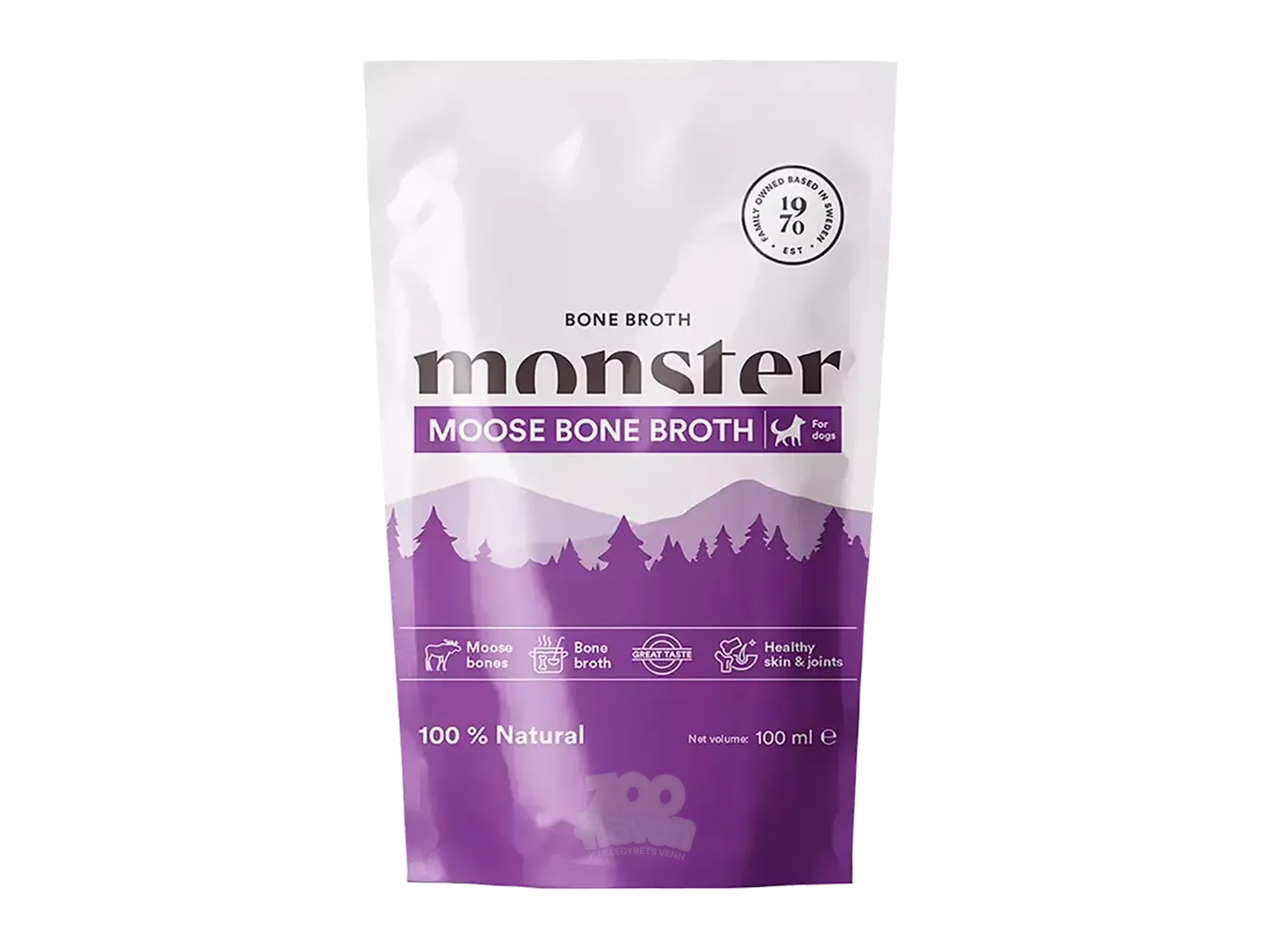 Hvit Monster Dog elgbenbuljong-pose med lilla skogdesign, 100 ml, for sunn hud og ledd.