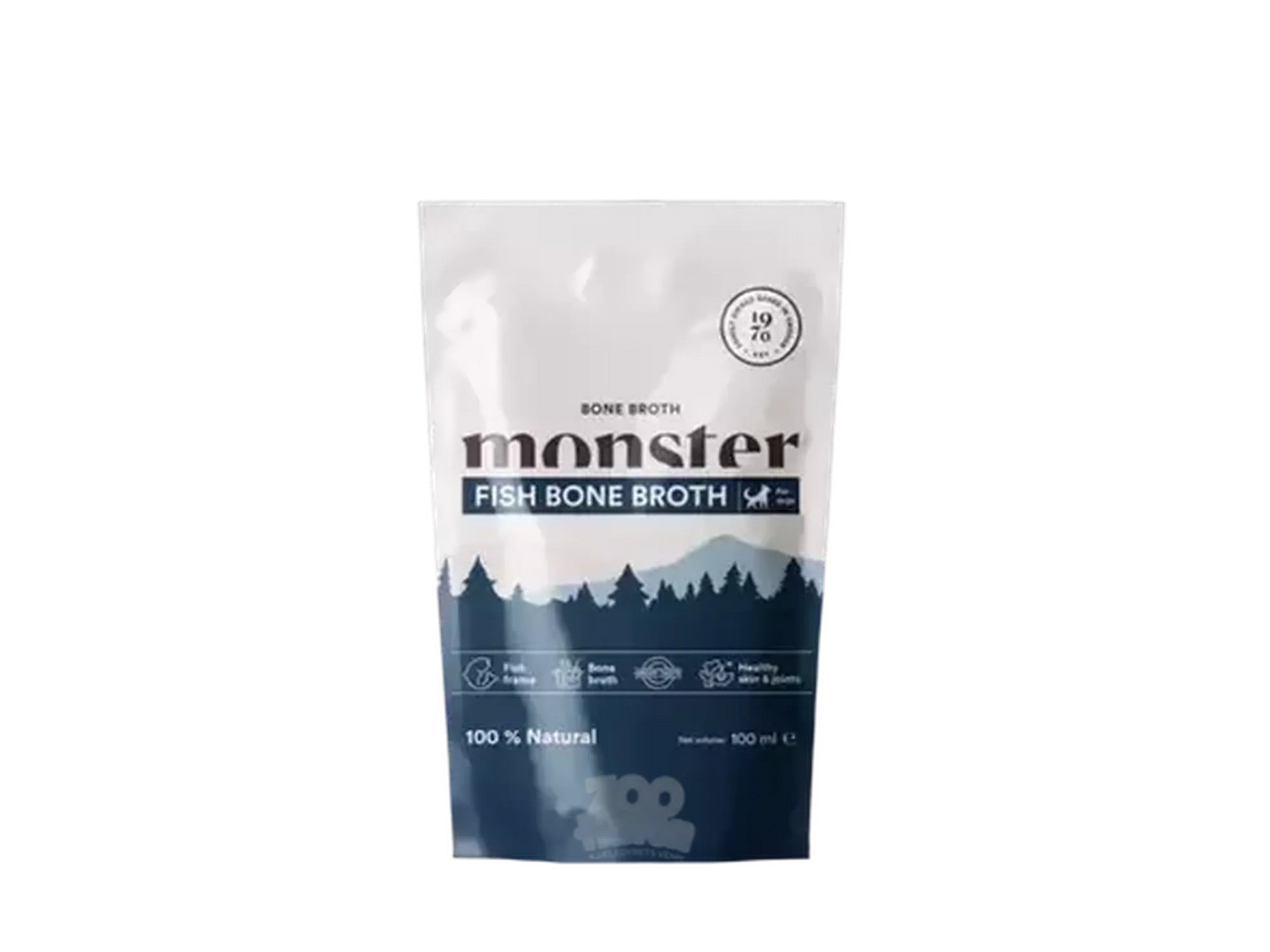Monster Dog Fish Bone Broth 100ml pouch with forest design, white top, and blue bottom.