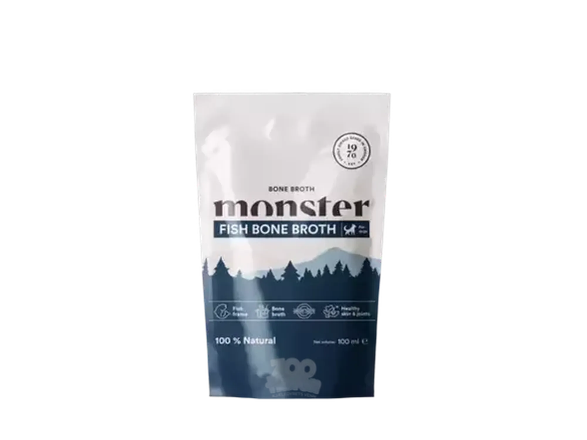 Monster Dog Fish Bone Broth 100ml pouch with forest design, white top, and blue bottom.