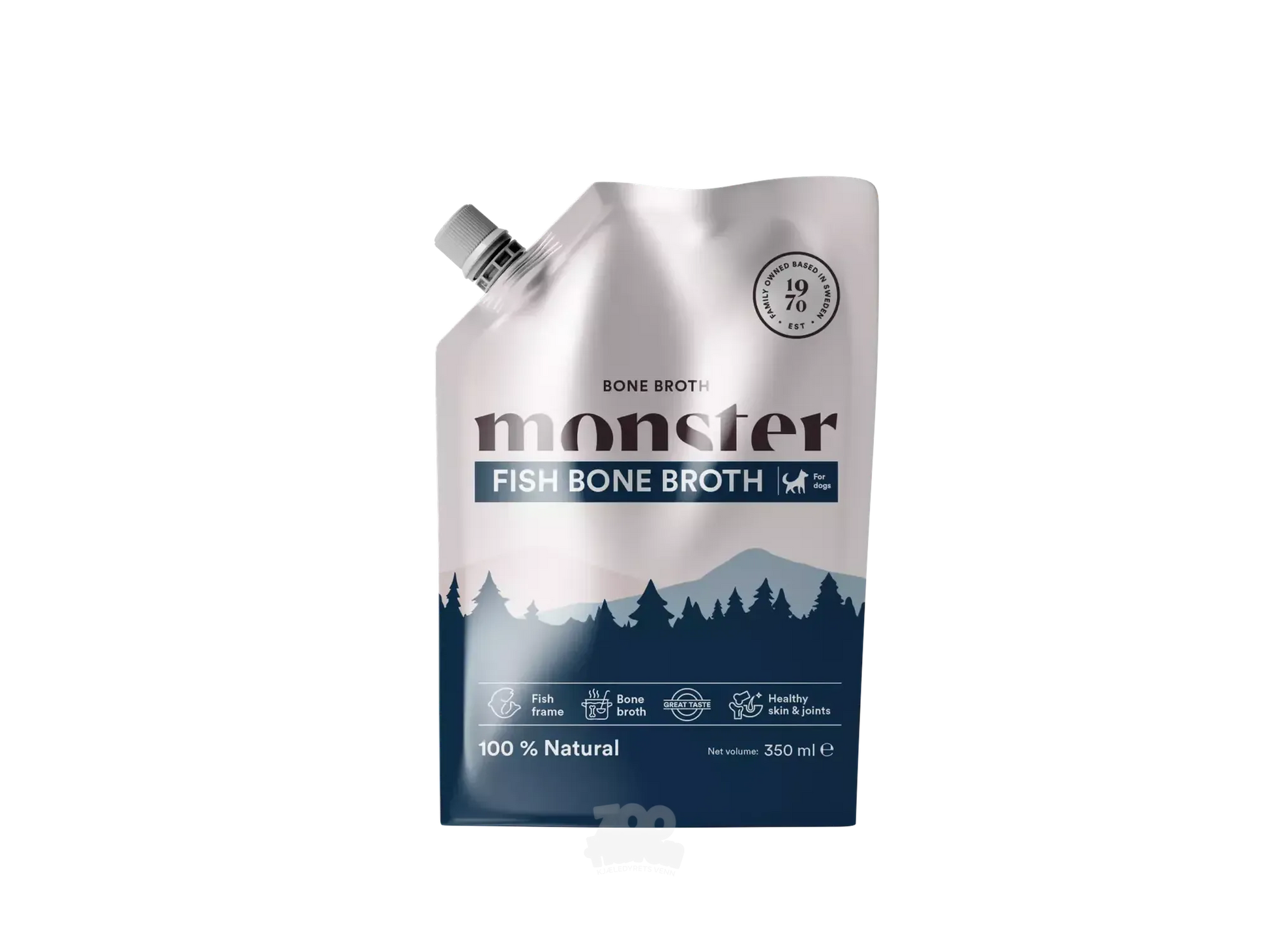 Monster Dog Fish Bone Broth 350ml pouch with mountains, "100% Natural" and "Healthy skin & joints" icons.