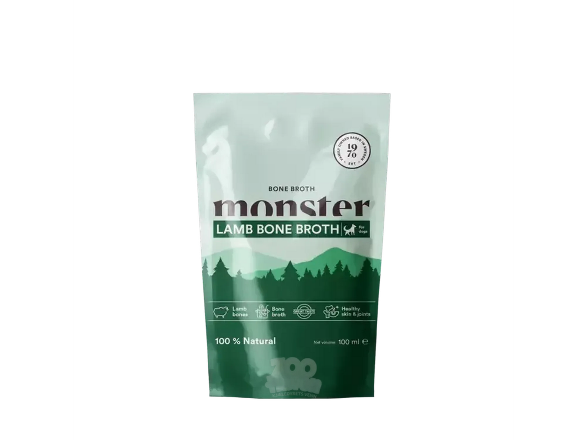 Monster Dog Lamb Bone Broth 100 ml pouch, light green with forest design, for healthy skin & joints.