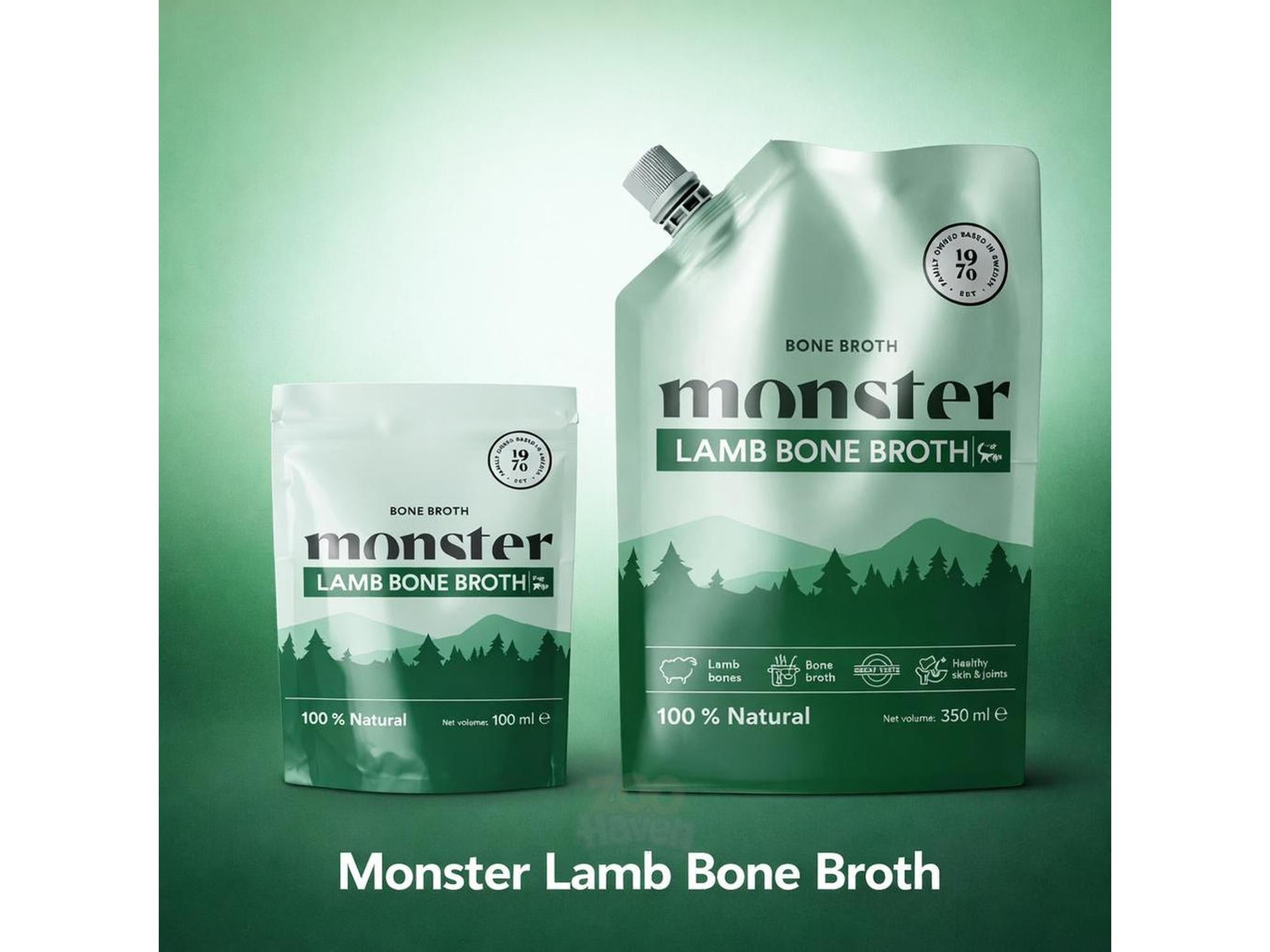 Two Monster Lamb Bone Broth pouches, 100 ml and 350 ml, with green forest design.