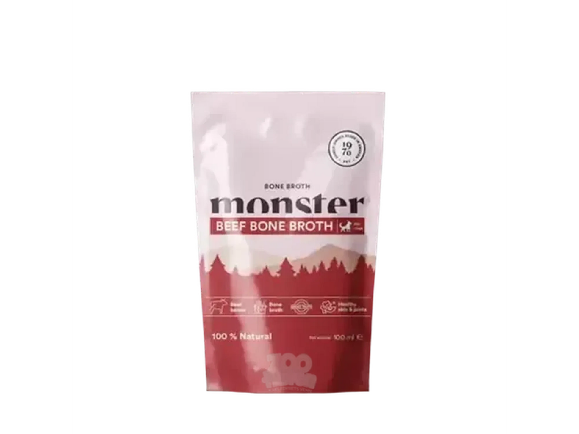 Monster Dog Beef Bone Broth 100ml pouch, white and red with forest design.