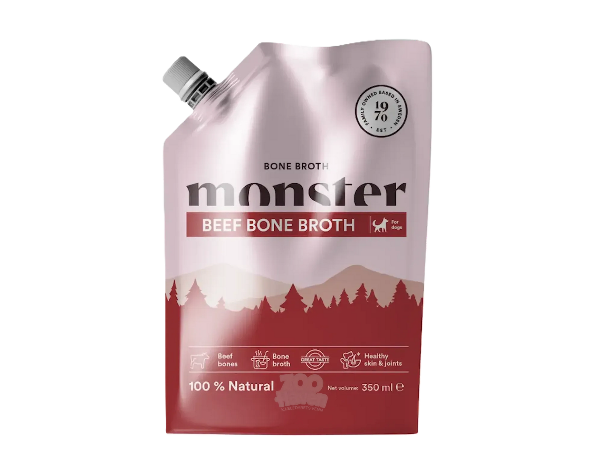 Monster Dog storfe beinbroth i en 350 ml rosa og rød pose med skrukork.