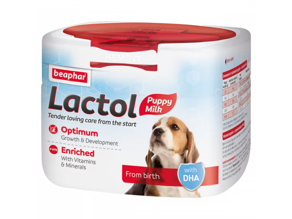 Hvit 2 kg Beaphar Lactol Puppy Milk boks med beaglevalp, rød topp og etikett med DHA.