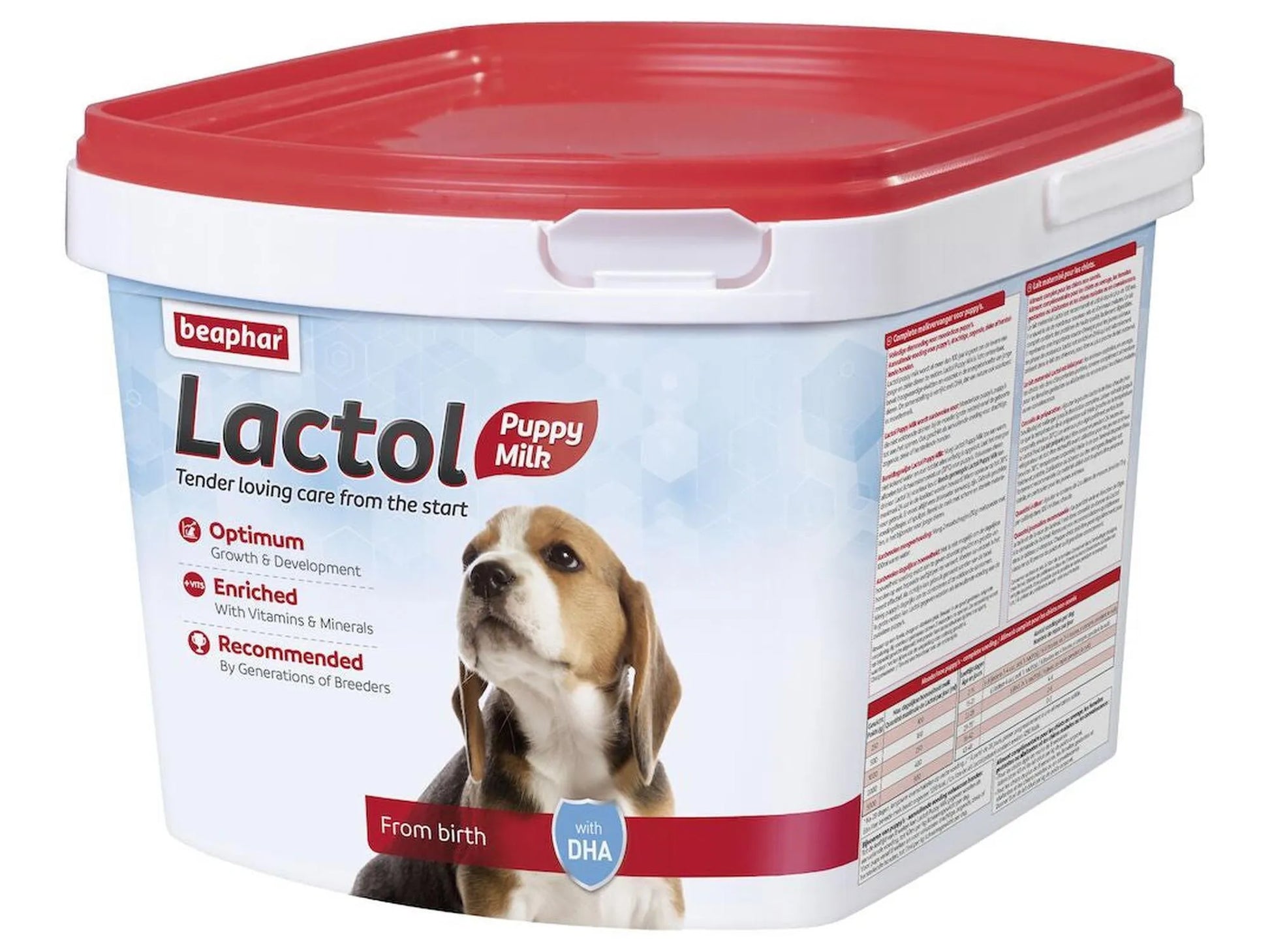 Beaphar Lactol Puppy Milk 2 kg beholder med rød lokk og beaglevalp på etiketten.