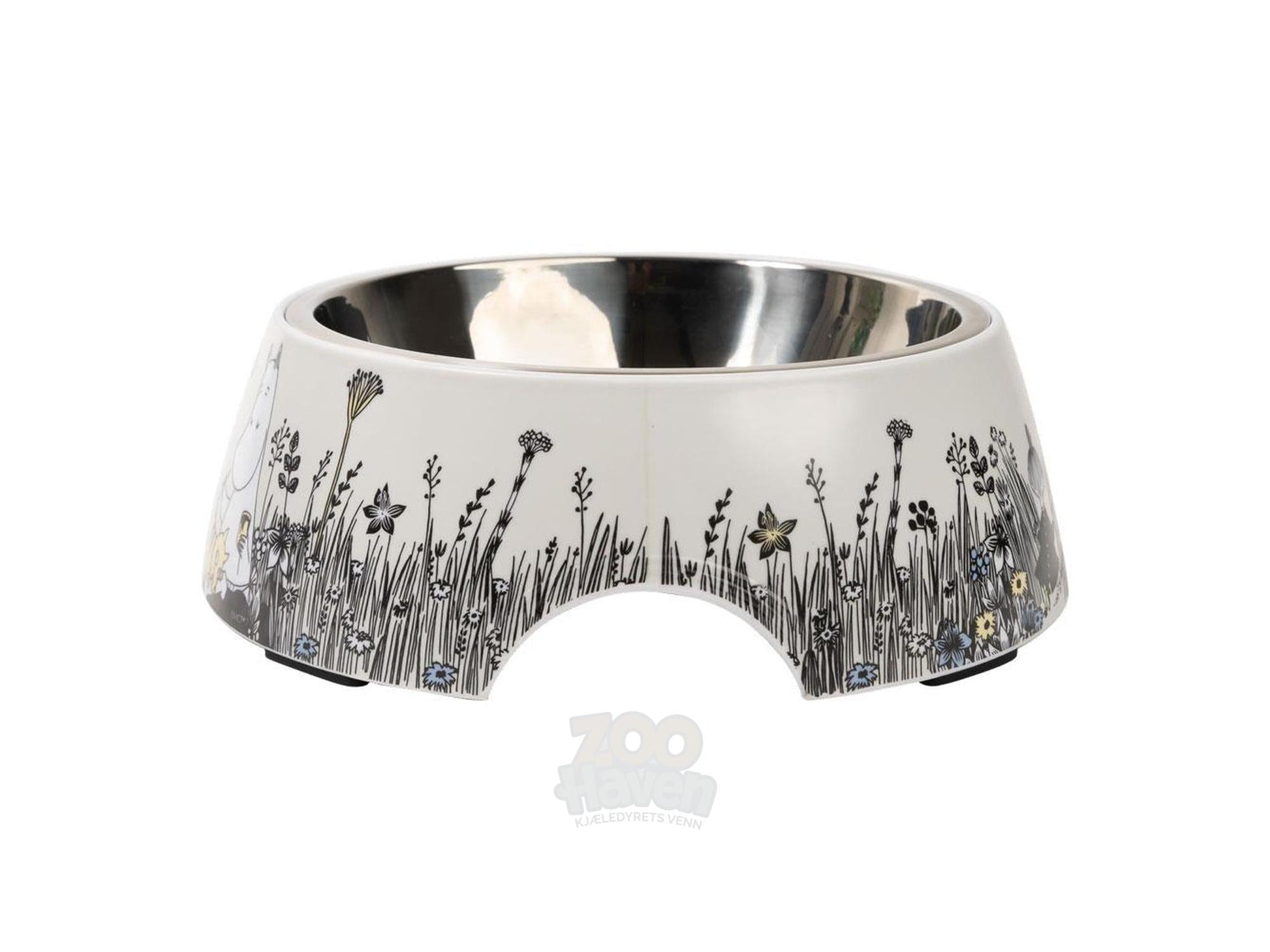 Grå Mummi Pets matskål Stor (650ml) med blomster og Mummi-design, rustfritt stål innside.