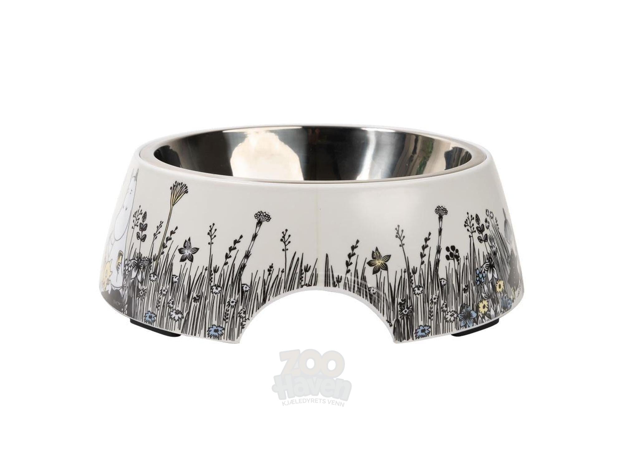 Grå Mummi Pets matskål Stor (650ml) med blomster og Mummi-design, rustfritt stål innside.