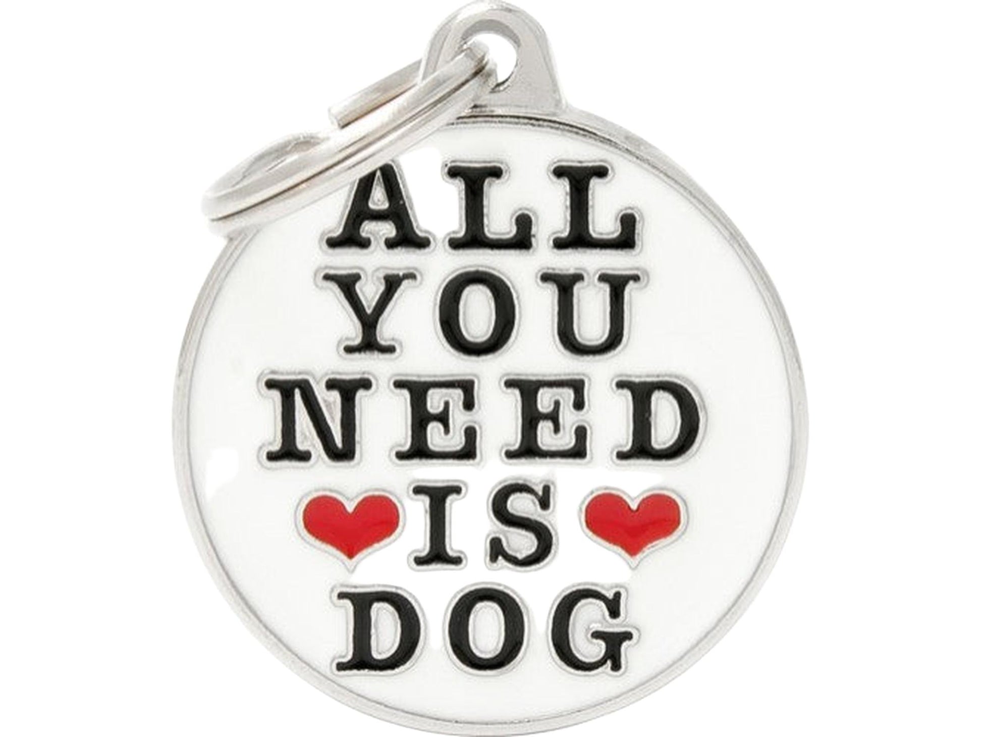 MyFamily Charms All You Need Is Dog ID-brikke til hund og katt – graverbar navnebrikke