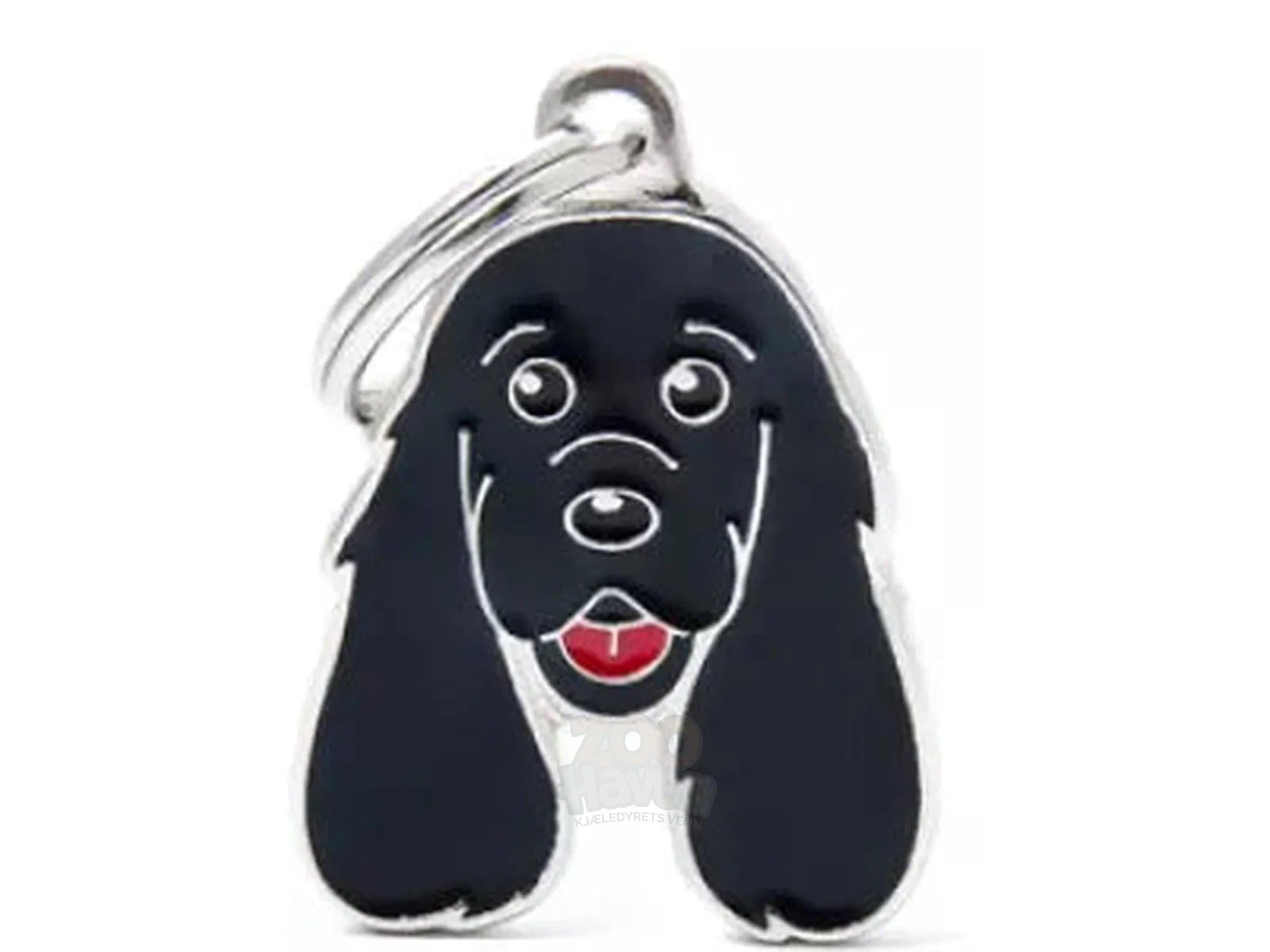 MyFamily Friends Cocker Spaniel sort ID-brikke til hund og katt – graverbar navnebrikke