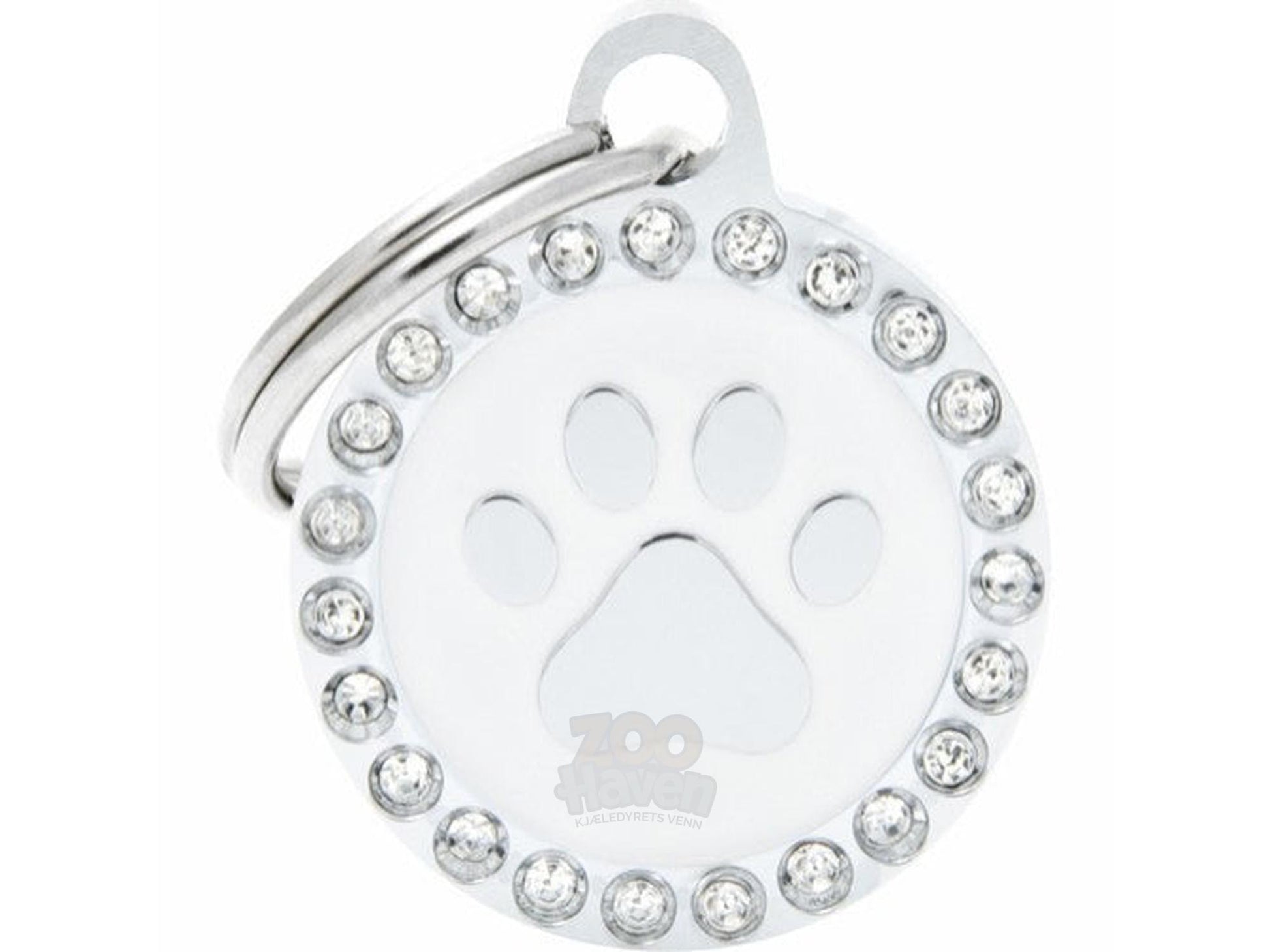 MyFamily Glam sirkel med hvit pote ID-brikke til hund og katt – graverbar navnebrikke