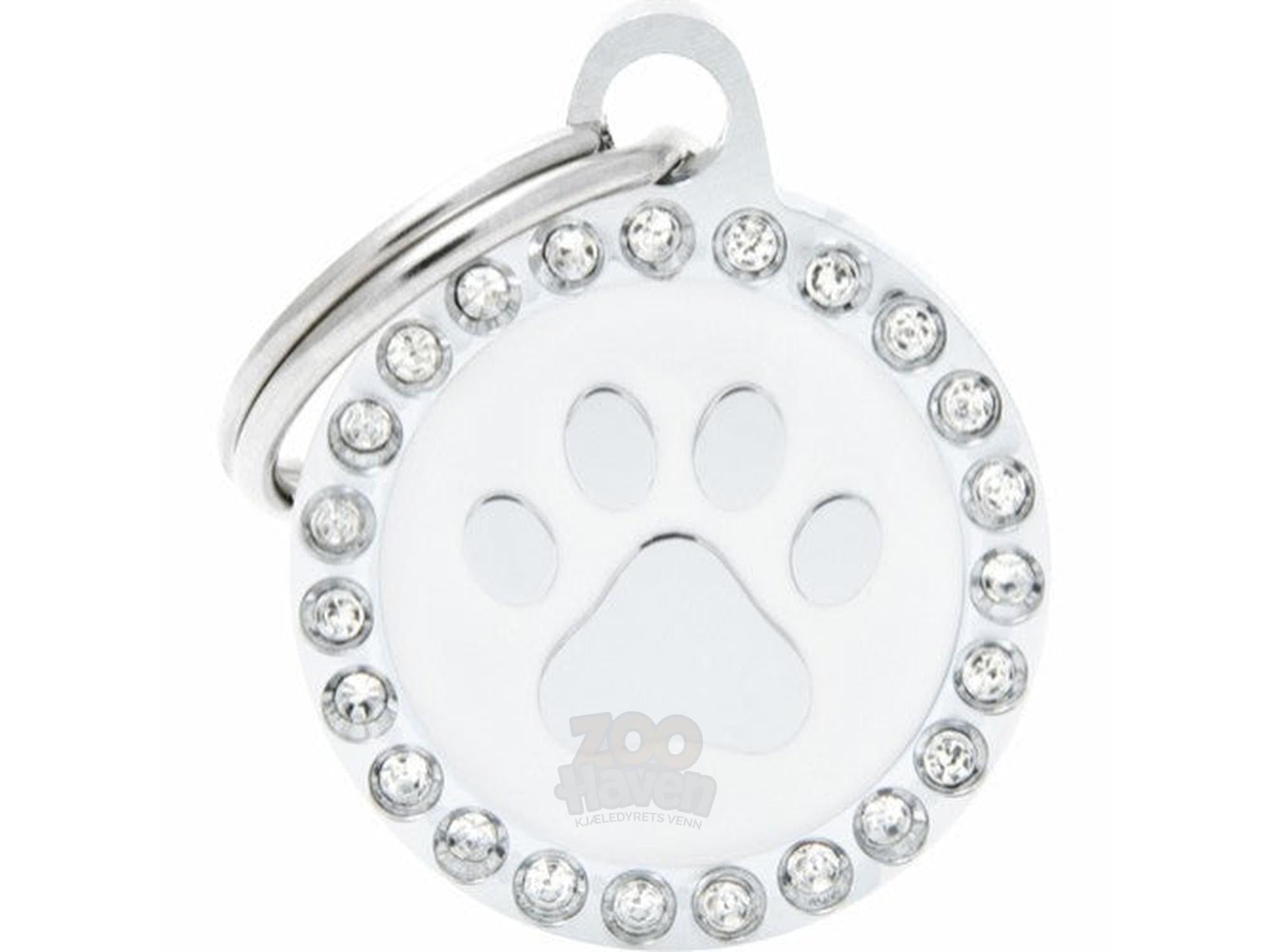 MyFamily Glam sirkel med hvit pote ID-brikke til hund og katt – graverbar navnebrikke